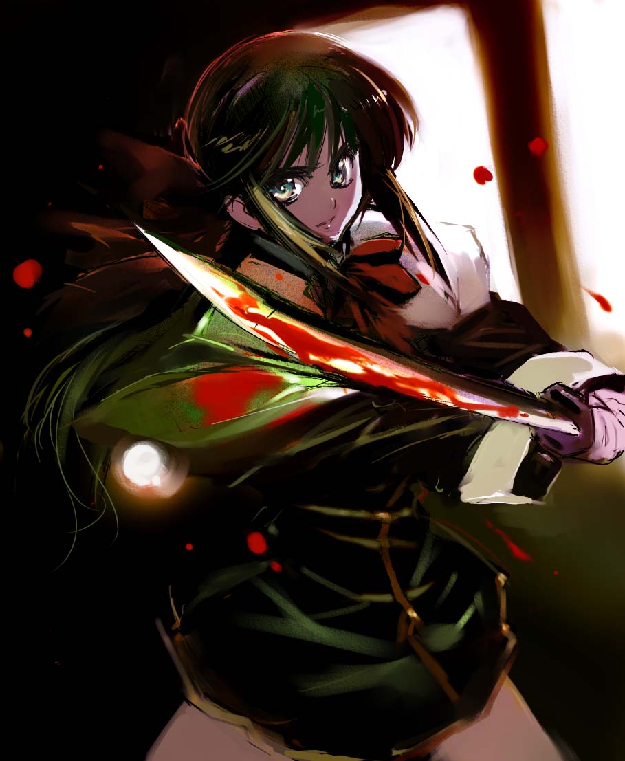 matsumoto noriyuki, kawasumi mai, kanon, blood, blue eyes, blue hair, school uniform, serafuku, solo, sword, weapon