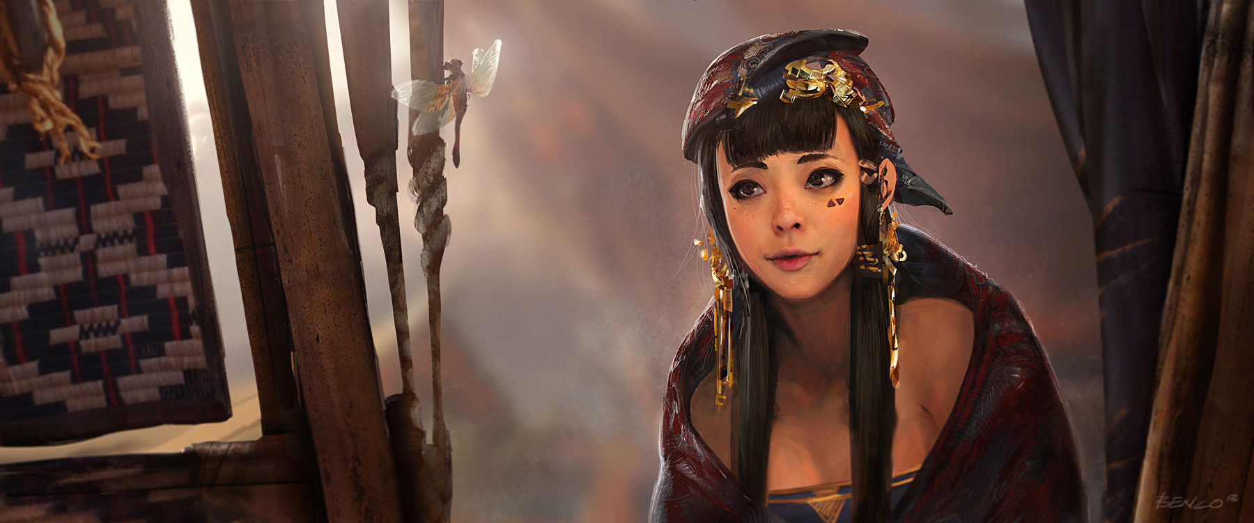 ben lo, original, clothing request, highres, 1girl, 1other, black eyes, blunt bangs, breasts, cleavage, curtains, earrings, facial mark, fairy, hair over shoulder, headdress, hime cut, jewelry, long sidelocks, looking at another, mini person, parted lips, sidelocks, talking, transparent wings, very long sidelocks