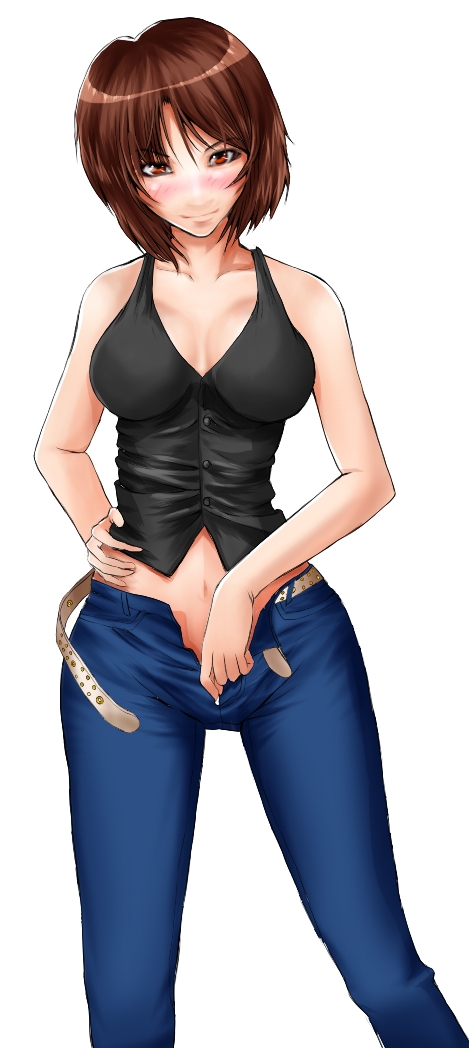 blastbeat, original, bad id, bad pixiv id, 1girl, bare shoulders, belt, blush, breasts, breasts apart, brown hair, cleavage, denim, female focus, jeans, large breasts, looking at viewer, midriff, no bra, open belt, open fly, pants, short hair, simple background, solo, unbuckled, undressing, unzipped, unzipping, white background, zipper