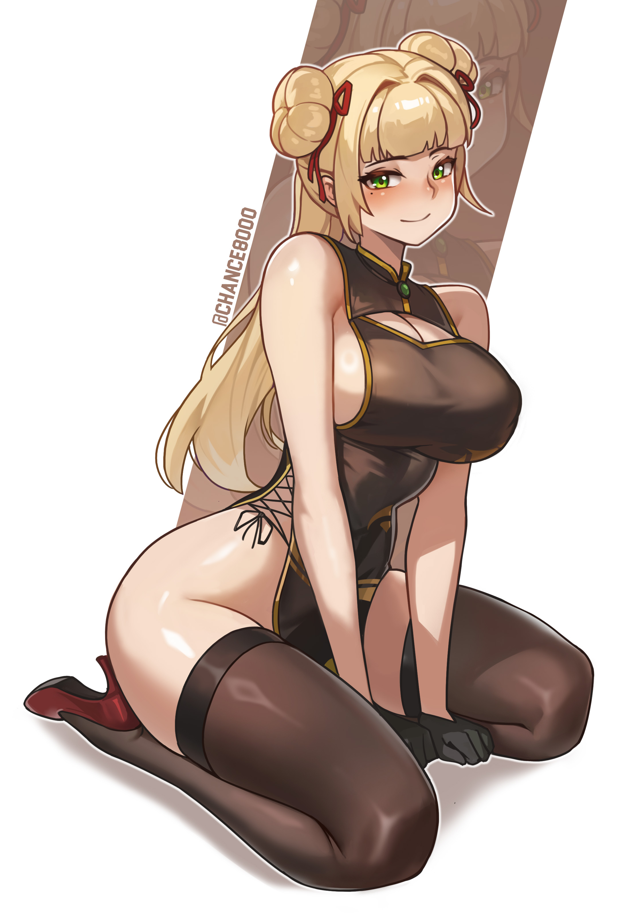 chance8000, original, absurdres, chinese commentary, highres, 1girl, arms between legs, bare arms, bare shoulders, black gloves, black thighhighs, blonde hair, blunt bangs, blush, breasts, brown dress, china dress, chinese clothes, cleavage, closed mouth, covered navel, cross-laced clothes, cross-laced dress, double bun, dress, full body, gloves, gold trim, green eyes, hair bun, hair ornament, hair ribbon, high heels, large breasts, long hair, looking at viewer, mole, mole under eye, no bra, no panties, red ribbon, red shoes, ribbon, seiza, shadow, shoes, sitting, smile, solo, taut clothes, taut dress, thighhighs, thighs, twitter username, zettai ryouiki