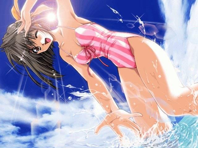 mitsumi misato, enomoto tsukasa, pia carrot (series), pia carrot e youkoso!!, pia carrot e youkoso!! 2, duplicate, game cg, jpeg artifacts, 1990s (style), 1girl, ;d, arm up, armpits, beach, black hair, blush, breasts, brown eyes, brown hair, casual one-piece swimsuit, cloud, collarbone, day, dutch angle, female focus, from side, front-tie top, hair ribbon, happy, lens flare, light rays, looking at viewer, medium breasts, one-piece swimsuit, one eye closed, open mouth, orange ribbon, outdoors, pink one-piece swimsuit, retro artstyle, ribbon, shading eyes, short hair, sky, smile, solo, splashing, standing, striped clothes, striped one-piece swimsuit, sun, sunbeam, sunlight, swimsuit, thighs, vertical-striped clothes, vertical-striped one-piece swimsuit, wading, water, wink