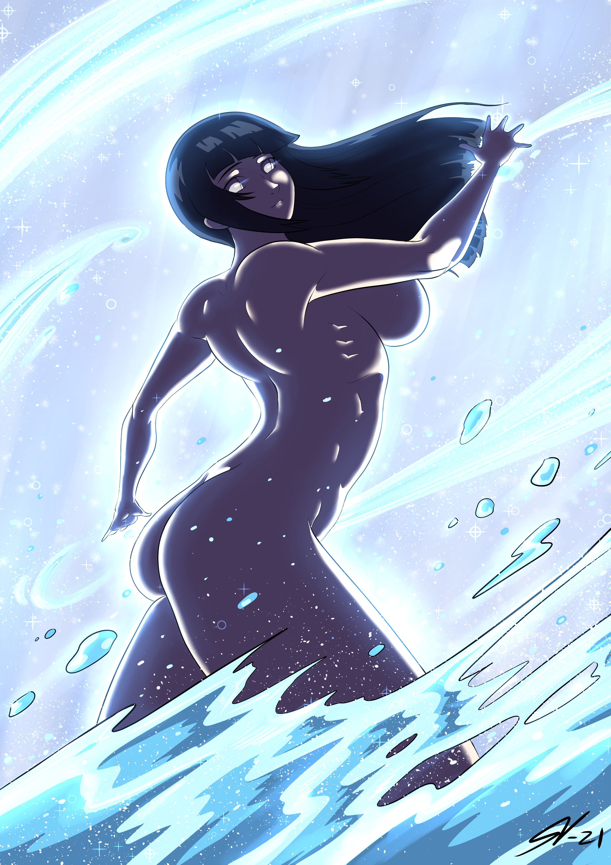 souleatersaku90, hyuuga hinata, naruto (series), naruto shippuuden, 1girl, 2021, 20s, ass, black hair, breasts, butt crack, completely nude, convenient censoring, dancing, long hair, night, nude, sideboob, water, waterfall