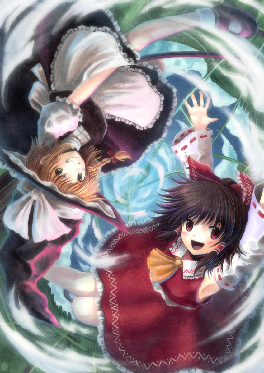 hyuuga azuri, hakurei reimu, kirisame marisa, touhou, highres, 2girls, apron, armpits, ascot, bare shoulders, blonde hair, blush, bow, braid, brown eyes, brown hair, detached sleeves, embellished costume, female focus, hair bow, hair tubes, long sleeves, looking at viewer, multiple girls, puffy short sleeves, puffy sleeves, red bow, short sleeves, sidelocks, single braid, waist apron