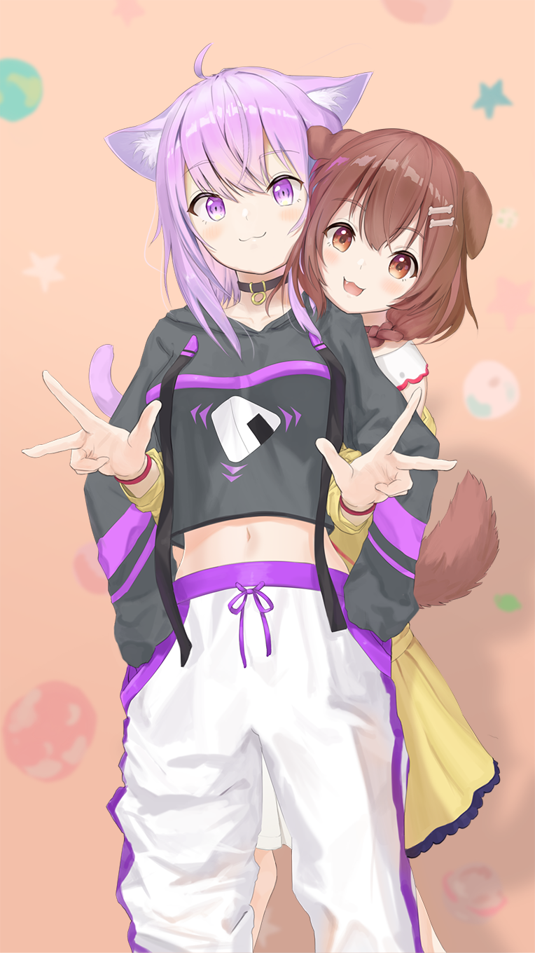 nokisaki nibosi, inugami korone, nekomata okayu, hololive, commentary request, highres, 2girls, :3, ahoge, animal ear fluff, animal ears, black collar, black hoodie, blush, bone hair ornament, brown eyes, brown hair, cat ears, cat girl, closed mouth, collar, cowboy shot, dog ears, dog girl, dog tail, double w, eyelashes, fang, food print, hair ornament, hands in pockets, hood, hood down, hoodie, long sleeves, multiple girls, navel, onigiri print, open mouth, pants, purple eyes, purple hair, smile, standing, star (symbol), stomach, tail, virtual youtuber, w, white pants