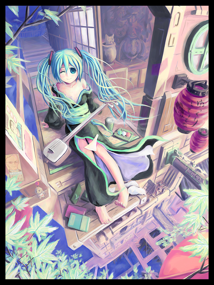 hiro (pixiv116462), hakurei reimu, hatsune miku, touhou, vocaloid, 1girl, aqua eyes, aqua hair, barefoot, book, female focus, instrument, japanese clothes, kimono, lantern, off shoulder, one eye closed, plectrum, shamisen, smile, solo, twintails, wink, yaranaika, yukkuri shiteitte ne
