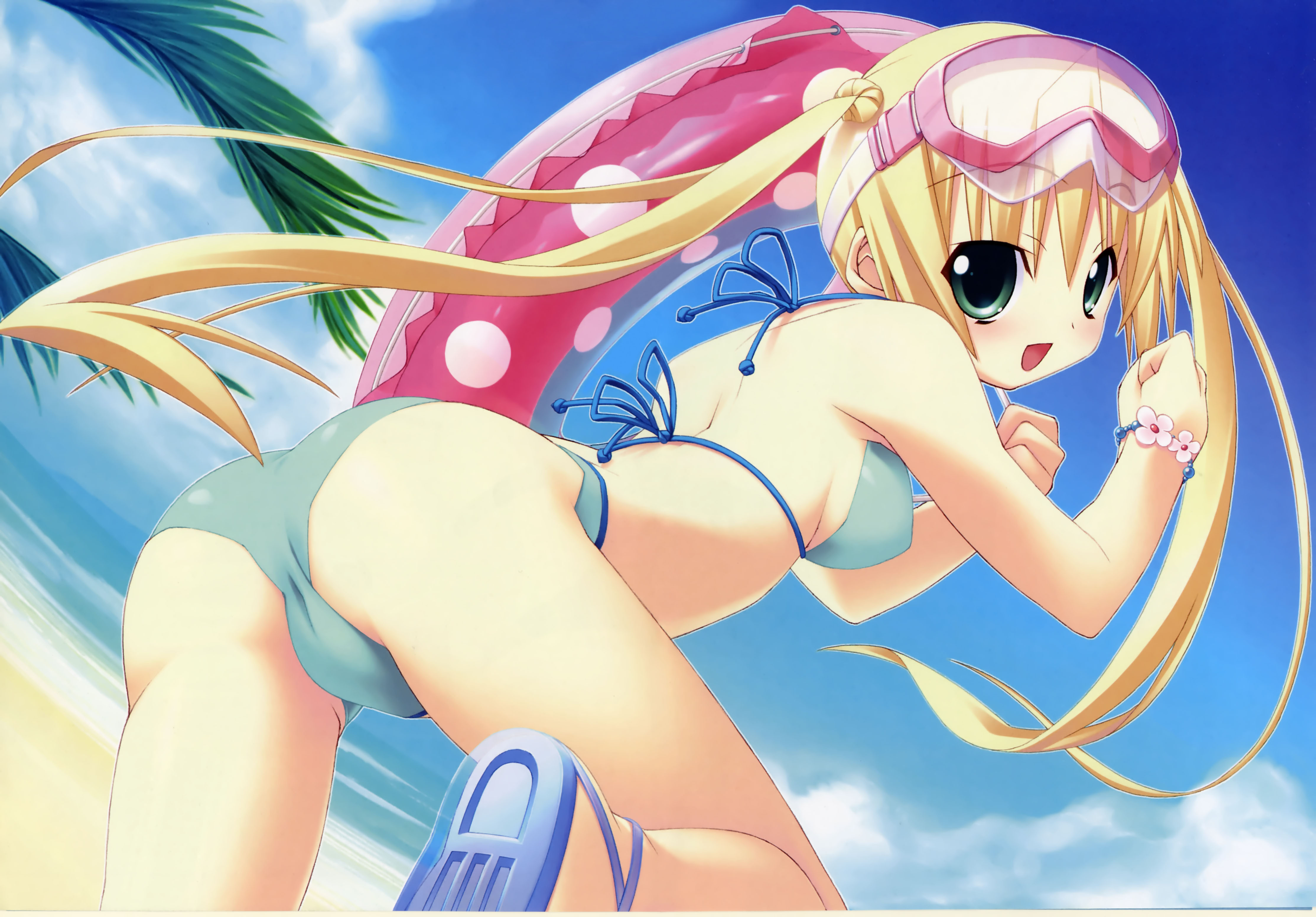 kannagi rei, misa brigitta cristelis, twinkle crusaders, absurdres, highres, 1girl, ass, beach, bikini, blonde hair, blush, bracelet, cameltoe, day, diving mask, dutch angle, female focus, from behind, goggles, green eyes, innertube, jewelry, long hair, looking back, ocean, outdoors, sandals, smile, solo, swim ring, swimsuit, twintails