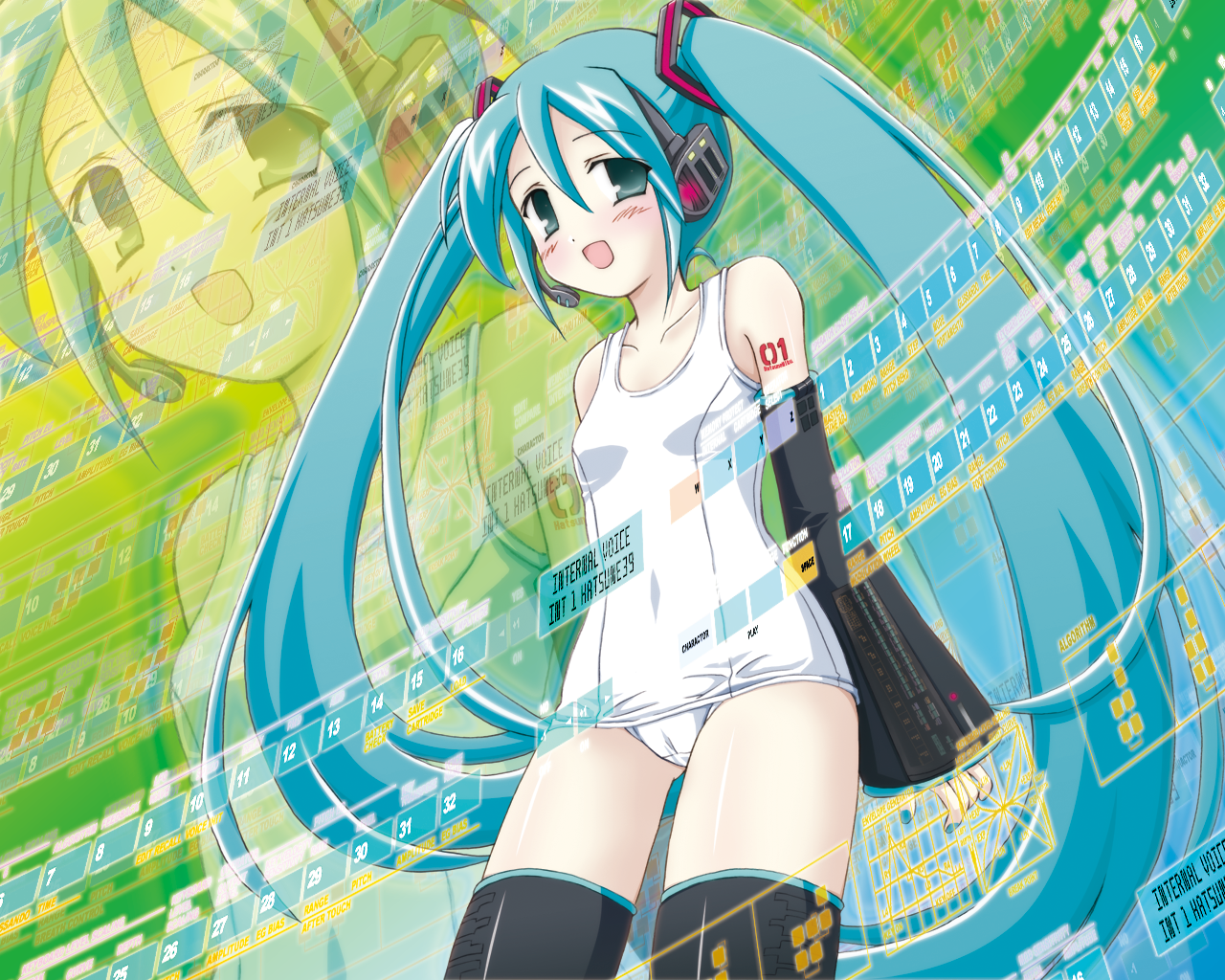 shizuna miyuri, hatsune miku, vocaloid, bad id, bad pixiv id, 1girl, female focus, green eyes, green hair, long hair, matching hair/eyes, one-piece swimsuit, school swimsuit, solo, swimsuit, thighhighs, twintails, very long hair