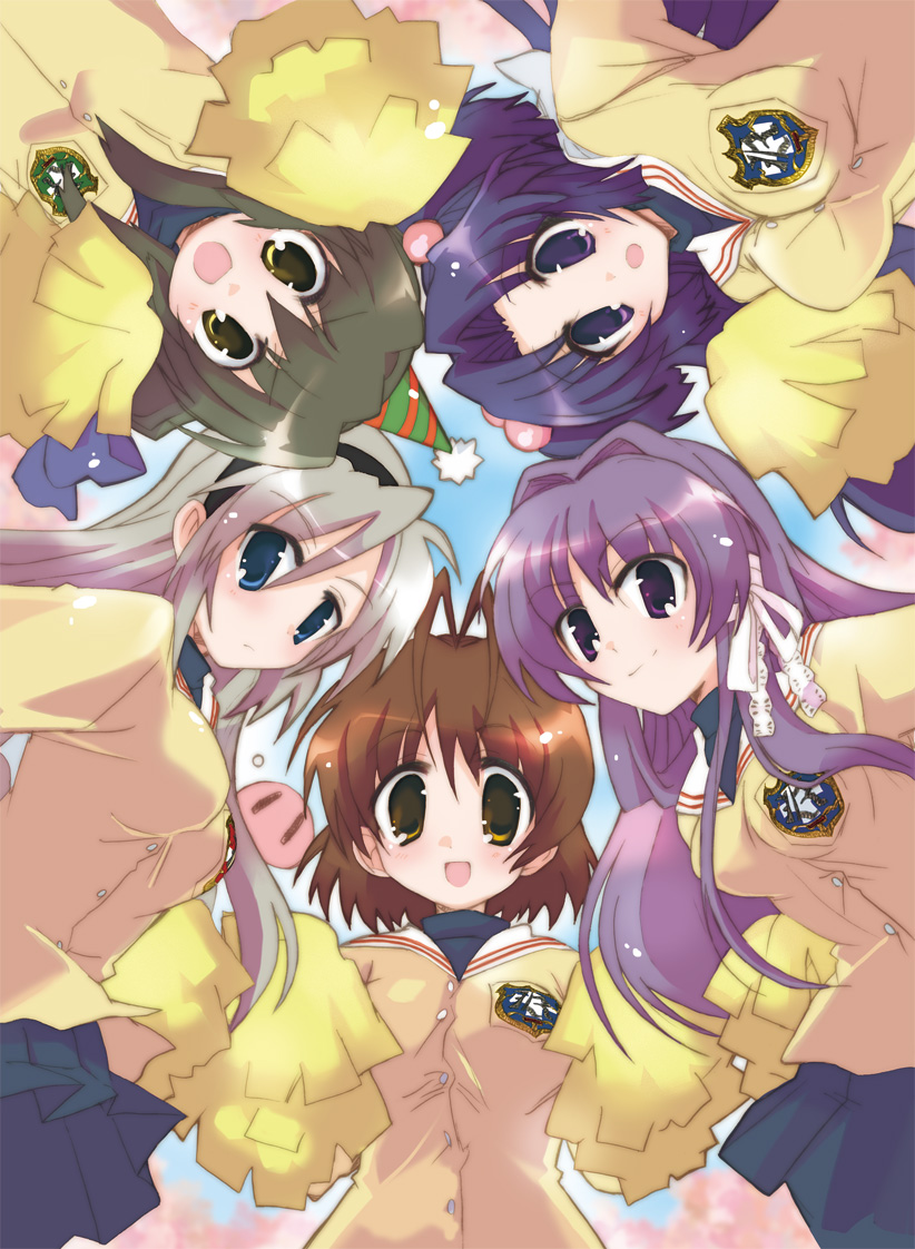 hizuki yayoi, fujibayashi kyou, furukawa nagisa, ibuki fuuko, ichinose kotomi, sakagami tomoyo, clannad, bad id, bad pixiv id, 00s, 5girls, blue skirt, blush, brown eyes, brown hair, cheerleader, emblem, from below, green eyes, green hair, holding, long hair, long sleeves, looking at viewer, looking down, multiple girls, pleated skirt, pom pom (cheerleading), school uniform, serafuku, skirt, tareme, very long hair