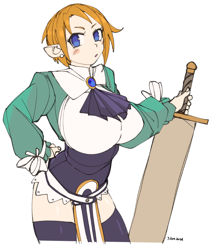 3amsoda, magic knight (disgaea), disgaea, 1girl, artist name, ascot, black ascot, black leotard, blue eyes, blue gemstone, blush, breasts, brooch, demon girl, earrings, gem, green sleeves, holding, holding sword, holding weapon, jewelry, large breasts, leotard, loincloth, orange hair, pointy ears, raglan sleeves, scabbard, sheath, short hair, sword, thighhighs, thighs, weapon