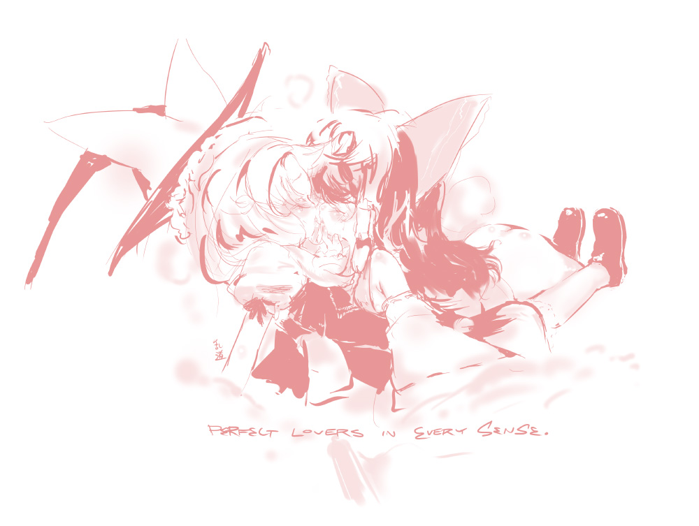 randou, hakurei reimu, kirisame marisa, touhou, 2girls, couple, female focus, kiss, monochrome, multiple girls, pink theme, yuri