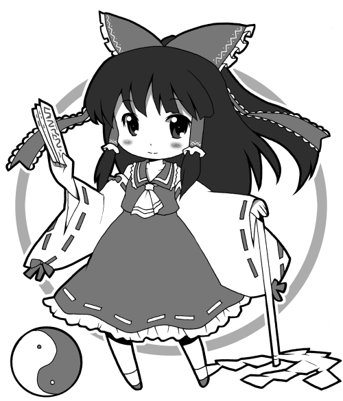 michii yuuki, hakurei reimu, touhou, 1girl, chibi, female focus, full body, greyscale, monochrome, skirt, solo, white background