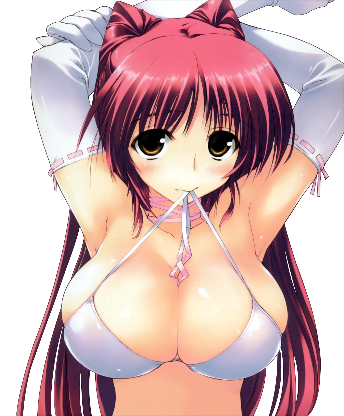 amazuyu tatsuki, kousaka tamaki, to heart (series), to heart 2, highres, 00s, 1girl, arms up, blush, bra, breasts, brown eyes, cleavage, elbow gloves, female focus, gloves, huge breasts, large breasts, lingerie, long hair, mouth hold, red hair, solo, twintails, underwear