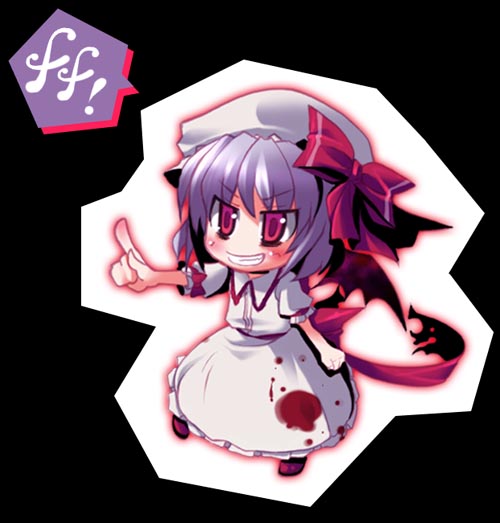 utsurogi angu, yukizuki chikuba, remilia scarlet, touhou, 1girl, :d, bat wings, beret, blood, chibi, collar, female focus, full body, grin, hat, index finger raised, open mouth, pointing, puffy short sleeves, puffy sleeves, short sleeves, smile, solo, standing, teeth, vampire, white hat, wings