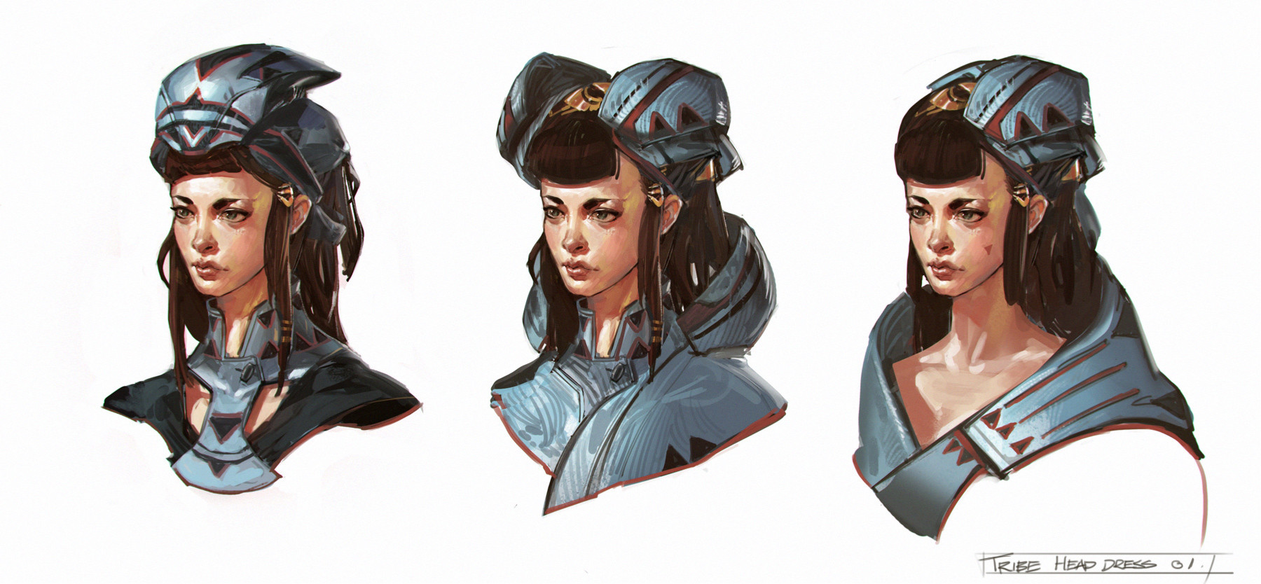 ben lo, original, highres, 1girl, alternate costume, armor, blue eyes, blunt bangs, brown hair, facial mark, hair ornament, hairclip, headdress, long sidelocks, multiple views, painterly, portrait, reference sheet, serious, sidelocks, simple background, white background