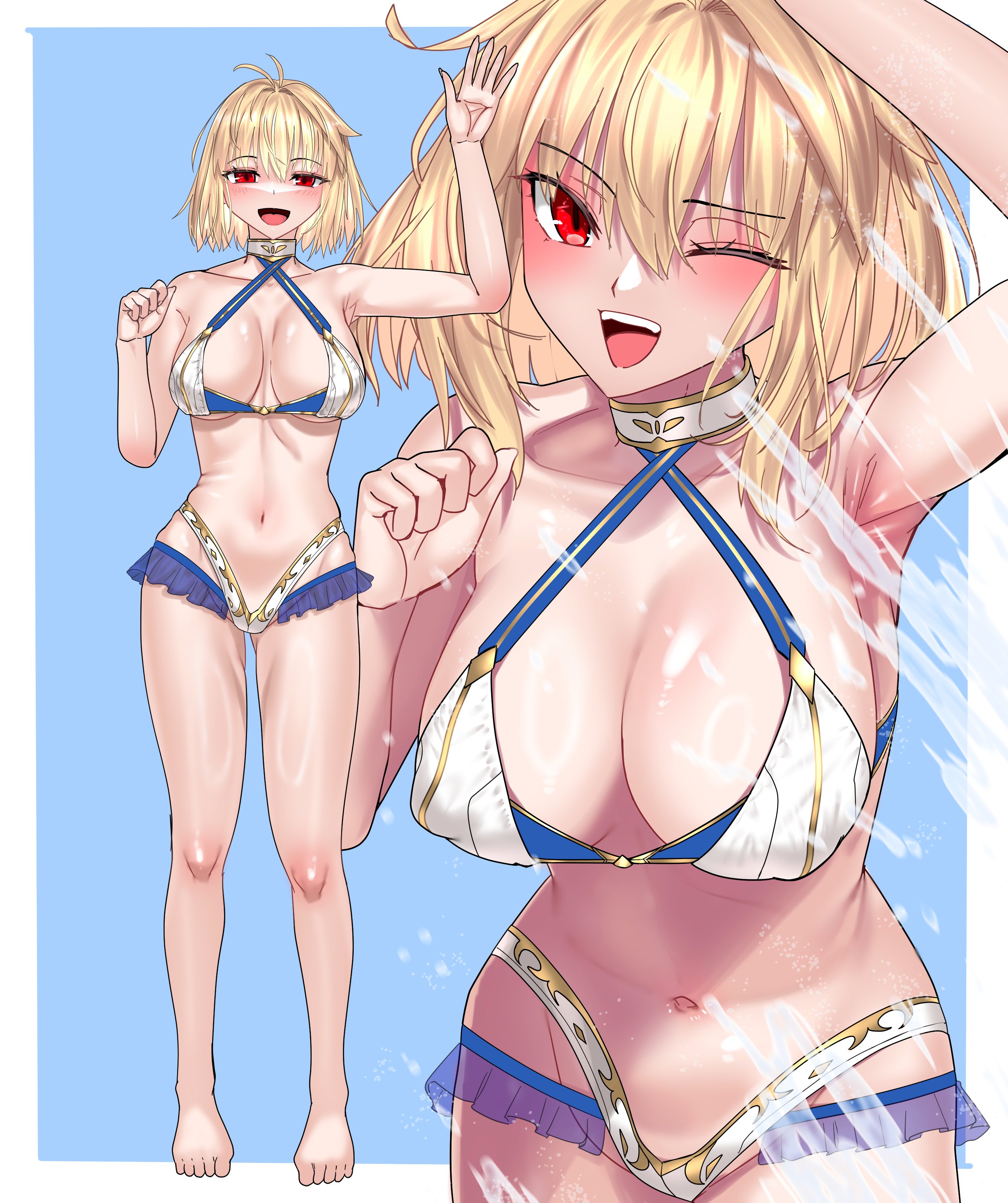 blue notuki, arcueid brunestud, tsukihime, absurdres, highres, 1girl, antenna hair, bare shoulders, bikini, blonde hair, blue background, border, breasts, cleavage, collarbone, cowboy shot, frilled bikini, frills, full body, large breasts, multiple views, navel, one eye closed, red eyes, short hair, simple background, standing, swimsuit, white bikini, white border