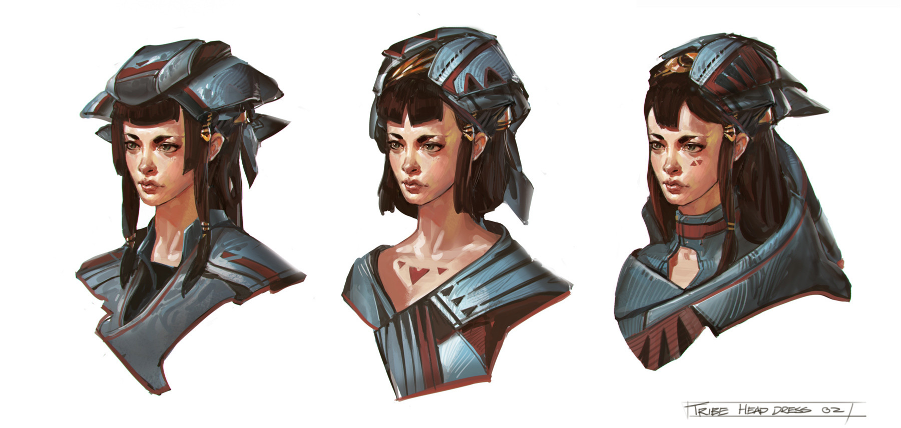 ben lo, original, highres, 1girl, alternate costume, armor, blue eyes, blunt bangs, breasts, brown hair, chest markings, cleavage, facial mark, hair ornament, hairclip, headdress, long sidelocks, multiple views, painterly, portrait, reference sheet, serious, shoulder armor, sidelocks, simple background, white background