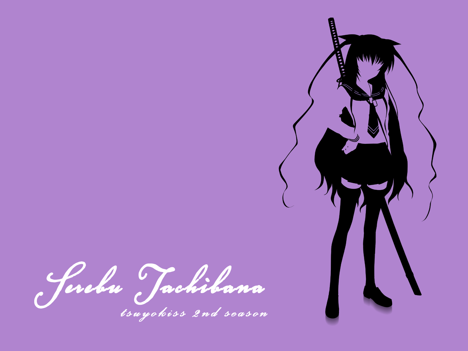 tachibana serebu, tsuyokiss, highres, 1girl, character name, copyright name, female focus, hand on own hip, long hair, purple background, school uniform, simple background, solo, standing, sword, weapon