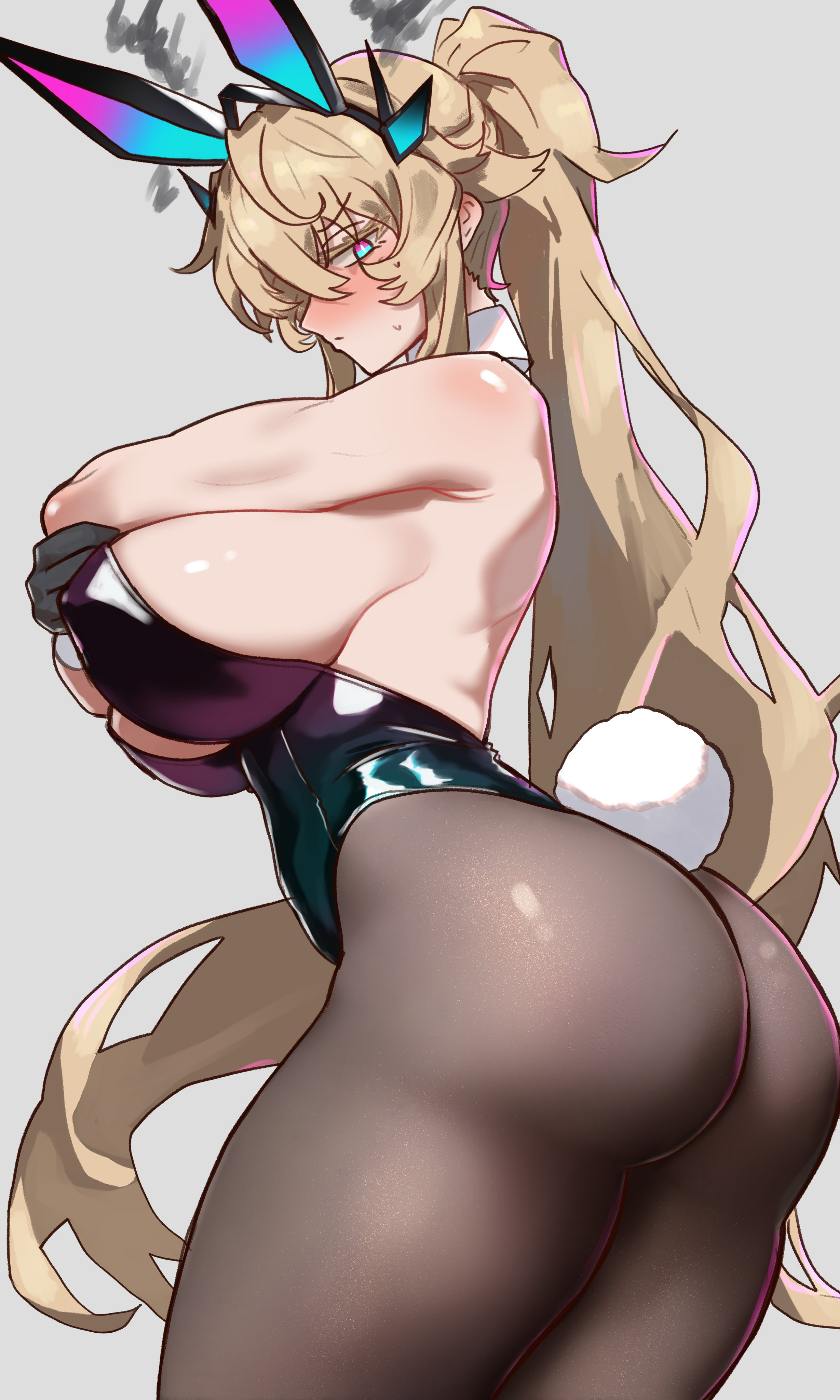 ebora, barghest (fate), fate/grand order, fate (series), absurdres, bad link, highres, 1girl, alternate hairstyle, animal ears, ass, back, black leotard, blonde hair, blush, breasts, curvy, detached collar, fake animal ears, fake tail, heterochromia, horns, huge ass, huge breasts, leotard, long hair, looking at viewer, looking back, pantyhose, playboy bunny, ponytail, rabbit ears, rabbit tail, sideboob, solo, strapless, strapless leotard, tail, tall female, thick thighs, thighs, toned, toned female, very long hair, wrist cuffs