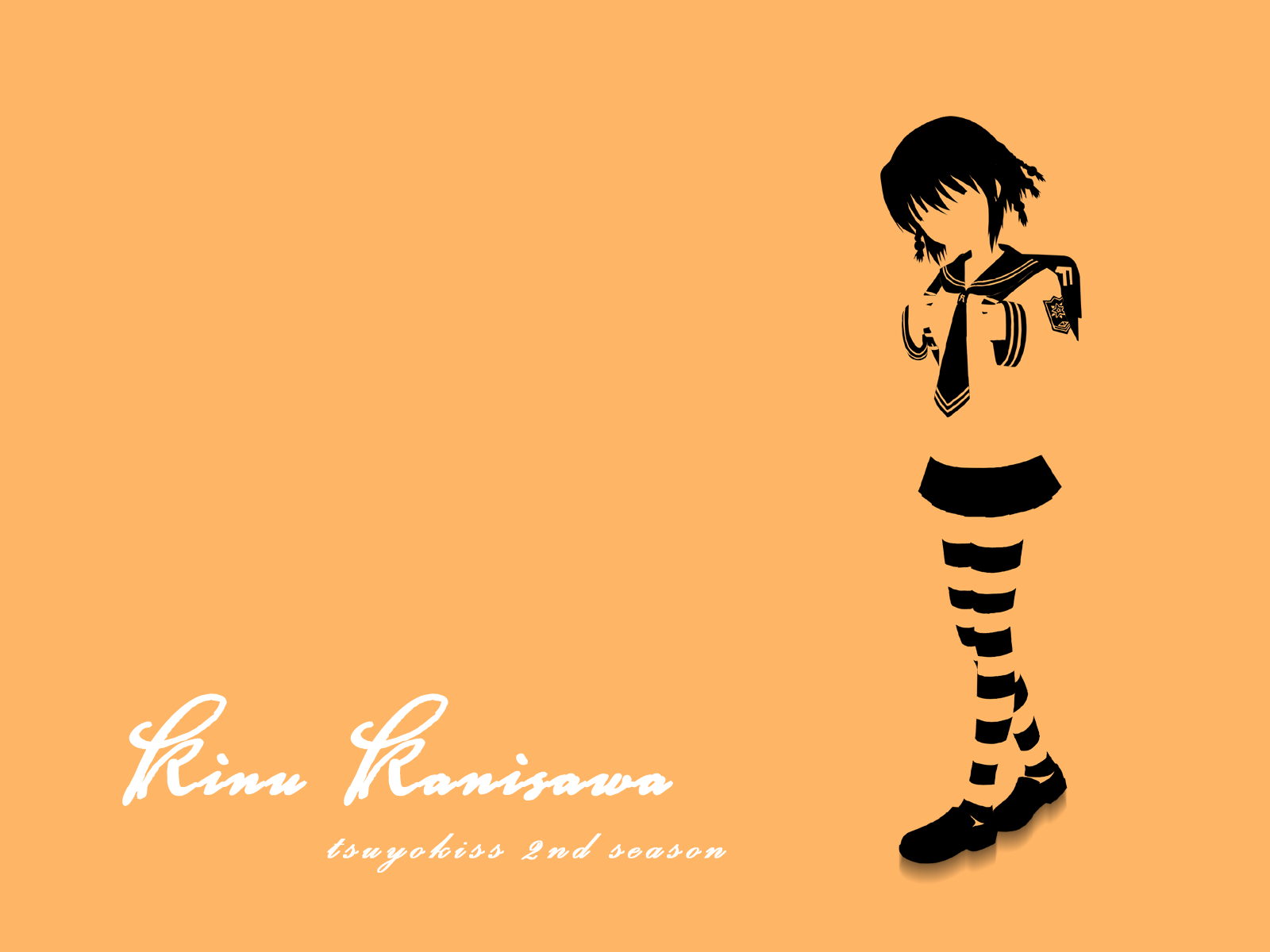 kanisawa kinu, tsuyokiss, striped legwear, highres, 1girl, bag, braid, character name, copyright name, female focus, head tilt, school uniform, short hair, simple background, solo, standing, yellow background