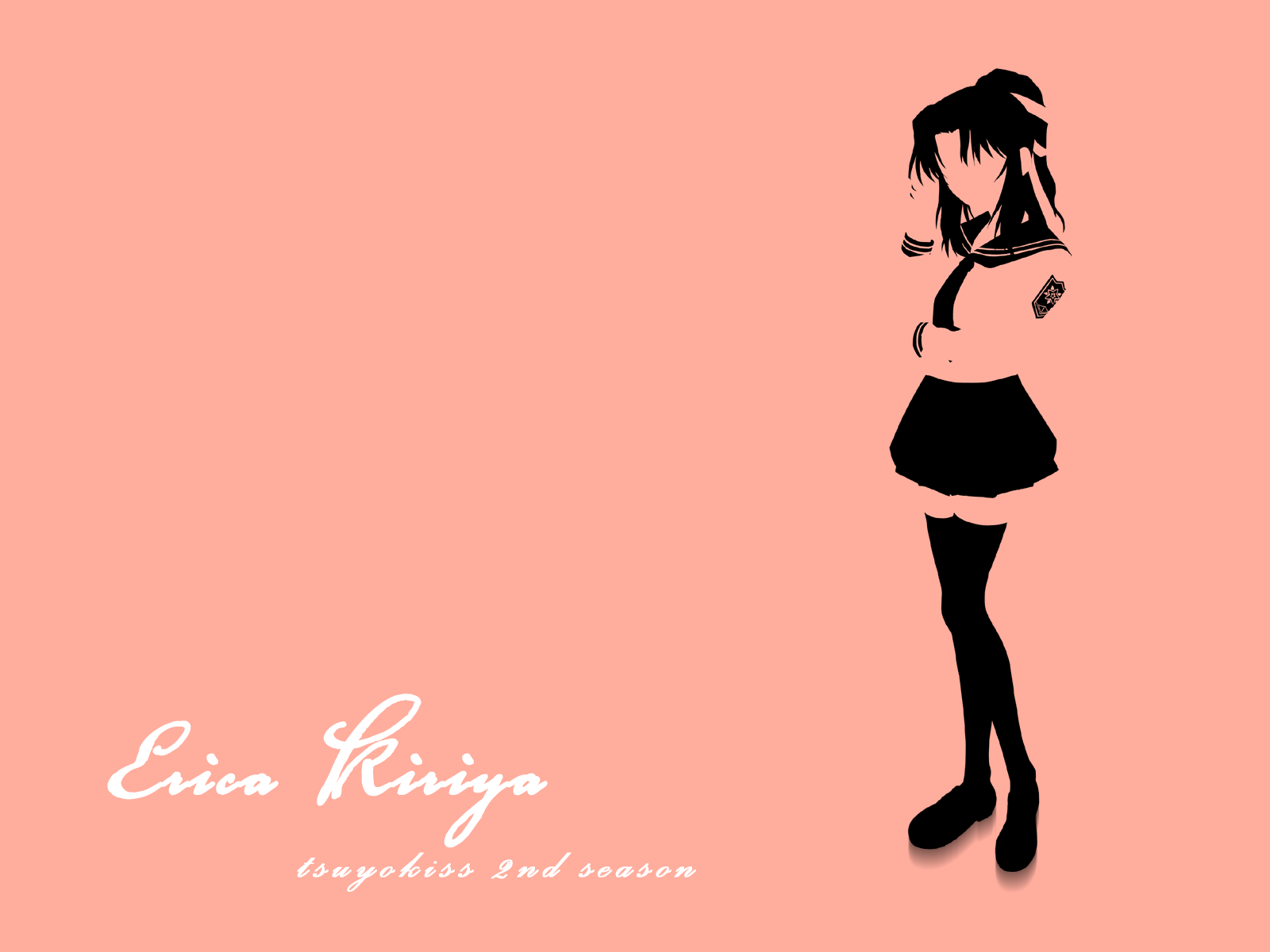 kiriya erika, tsuyokiss, highres, 1girl, adjusting hair, character name, copyright name, female focus, medium hair, pink background, ponytail, school uniform, simple background, solo, standing