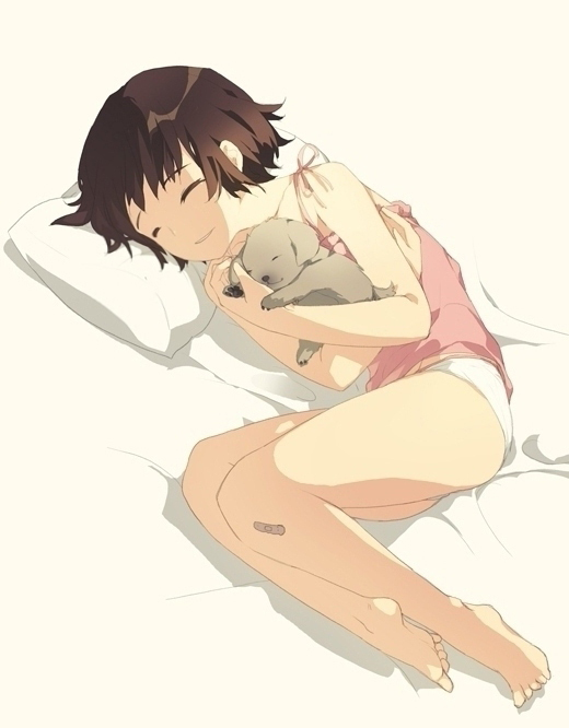 tako ashin, original, 1girl, baby animal, bandaid, bandaid on knee, bandaid on leg, barefoot, bed, brown hair, camisole, dog, feet, female focus, full body, holding, lying, on side, panties, pet, pillow, puppy, short hair, sleeping, smile, solo, underwear
