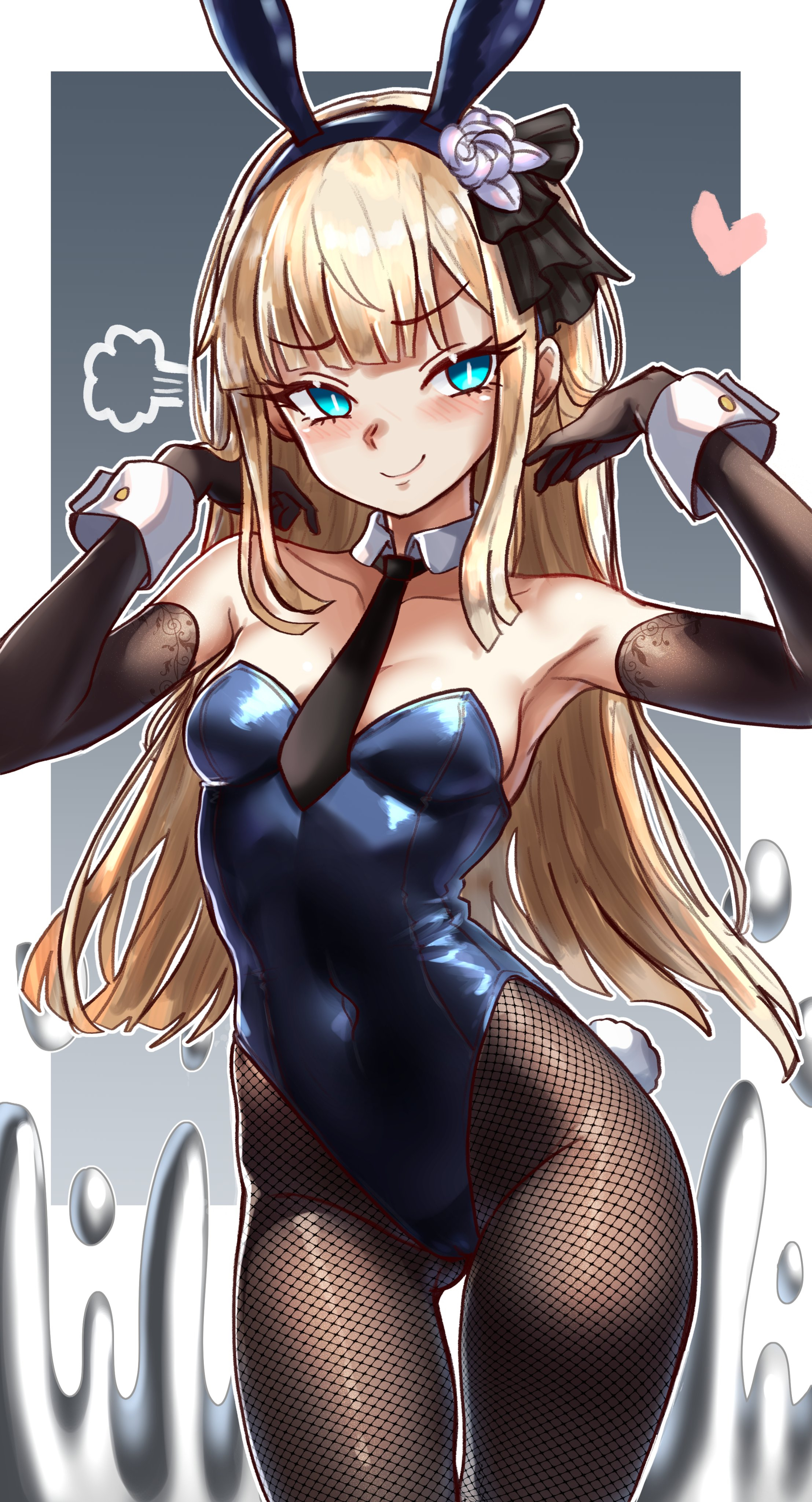 ebora, reines el-melloi archisorte, fate (series), lord el-melloi ii case files, the adventures of lord el-melloi ii, absurdres, bad link, highres, 1girl, animal ears, armpit crease, armpit peek, armpits, arms up, bare shoulders, between breasts, black gloves, black necktie, black pantyhose, blonde hair, blue leotard, blunt bangs, blush, border, breasts, cleavage, closed mouth, collarbone, covered navel, detached collar, elbow gloves, fake animal ears, fishnet pantyhose, fishnets, flower ornament, frilled headwear, frills, gloves, gluteal fold, green eyes, headband, heart, highleg, highleg leotard, leotard, long hair, medium breasts, mercury (element), naughty face, necktie, necktie between breasts, pantyhose, playboy bunny, print gloves, rabbit ear headwear, rabbit ears, rabbit tail, sidelocks, skin tight, smile, solo, strapless, strapless leotard, tail, thighs, white border, white wrist cuffs, wrist cuffs