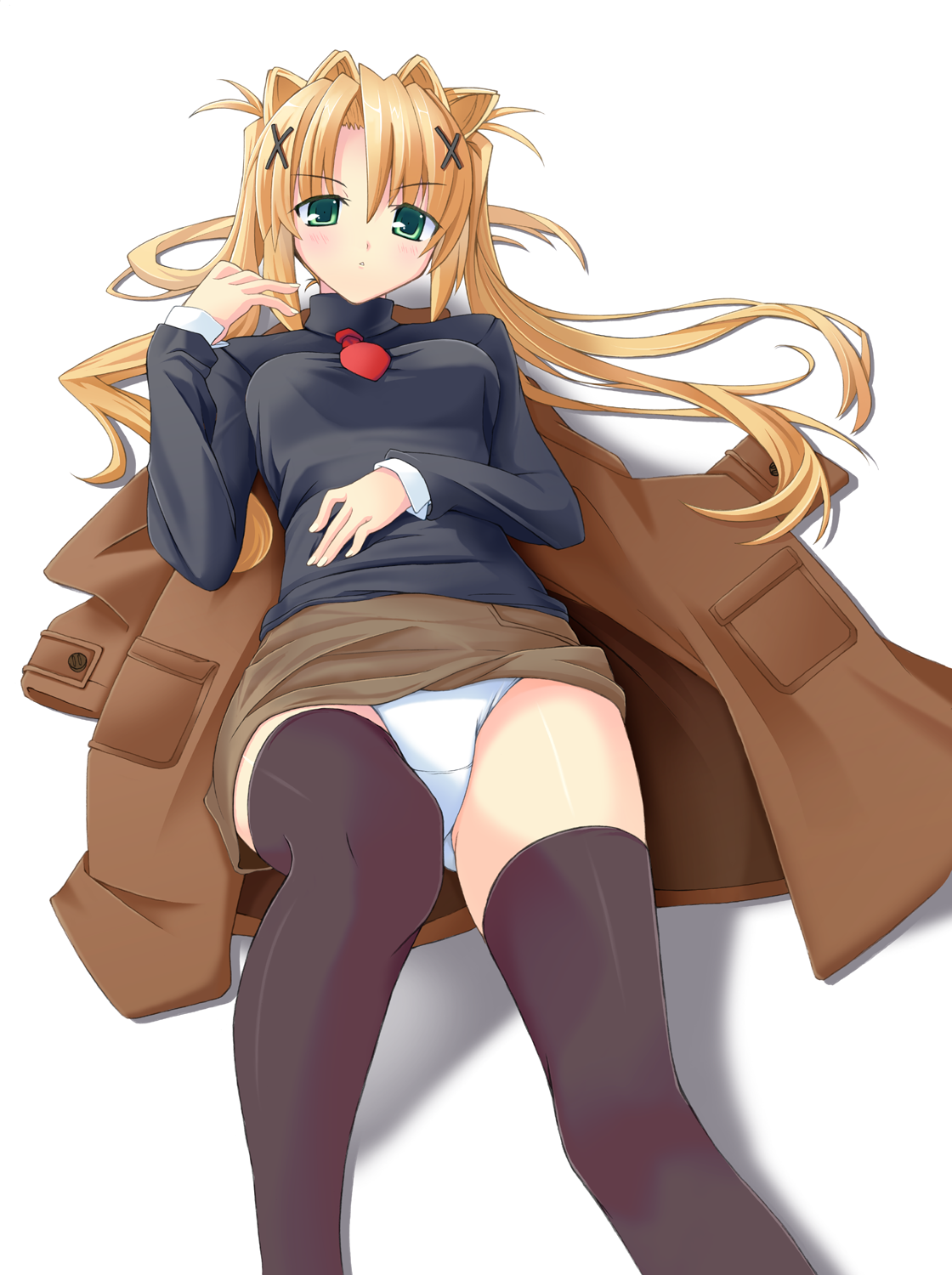 gin (ginshari), bad id, bad pixiv id, highres, 1girl, brown hair, female focus, green eyes, jacket, long hair, lying, panties, pantyshot, skirt, solo, thighhighs, turtleneck, underwear, upskirt, white panties