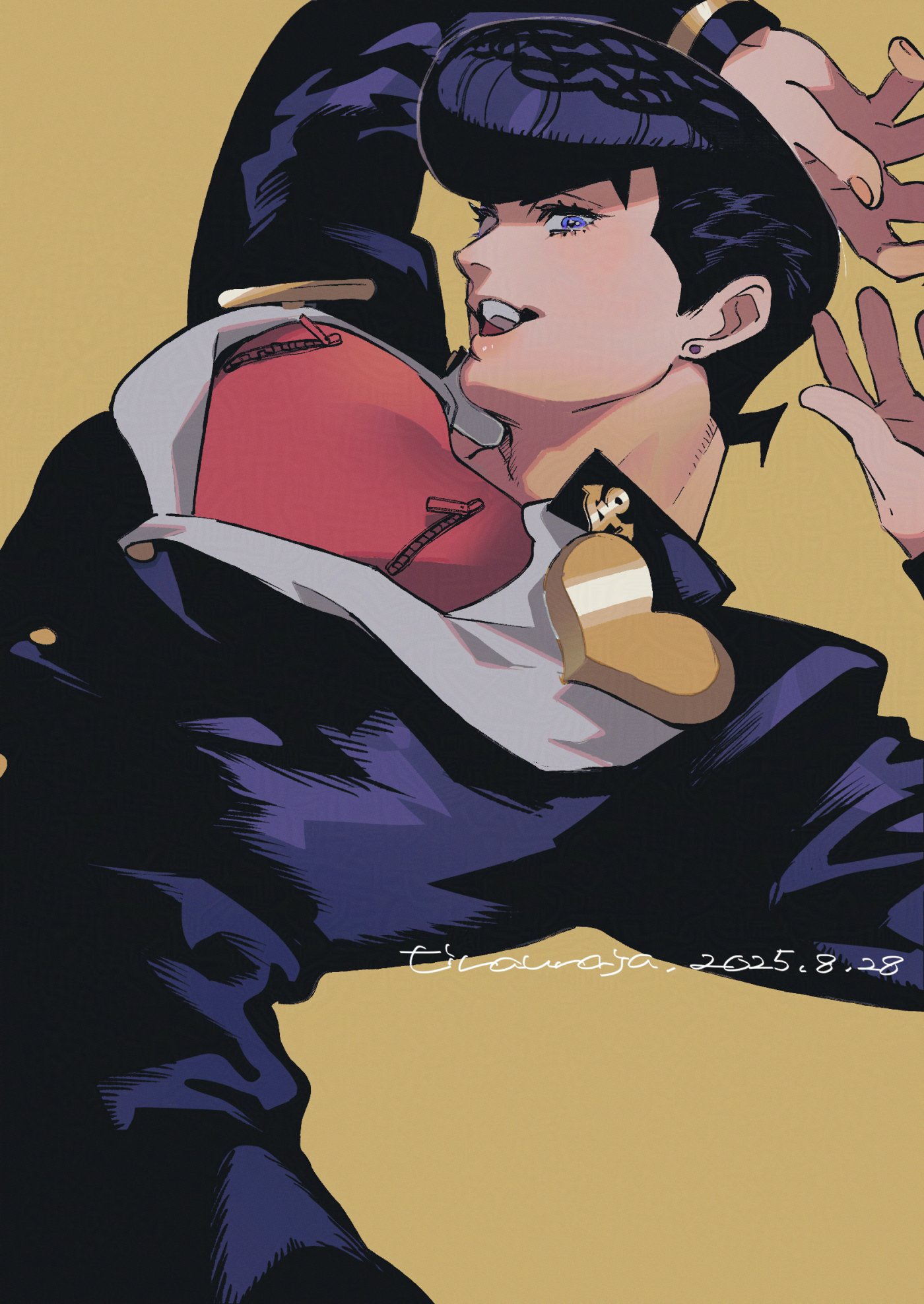 tirauraja, higashikata josuke, diamond wa kudakenai, jojo no kimyou na bouken, commentary request, highres, 1boy, anchor symbol, arms up, artist name, black hair, black jacket, blue eyes, brooch, buttons, collared jacket, dated, dutch angle, earrings, eyelashes, fingernails, gakuran, heart, jacket, jewelry, long sleeves, male focus, open collar, open mouth, piercing, pompadour, profile, red shirt, school uniform, shirt, short hair, short sideburns, simple background, smile, solo, stud earrings, teeth, upper teeth only, yellow background, zipper, zipper pull tab
