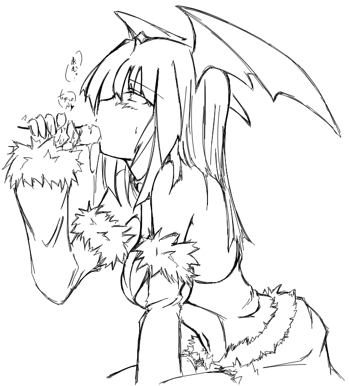 kaminagi (kaminagi-tei), stalker, stalker (ragnarok online), ragnarok online, 1girl, choker, cum, detached sleeves, elbow gloves, fellatio, from side, fur-trimmed sleeves, fur-trimmed waist cape, fur trim, gloves, greyscale, head wings, long hair, monochrome, navel, oral, penis, solo focus, uncensored, waist cape, wings