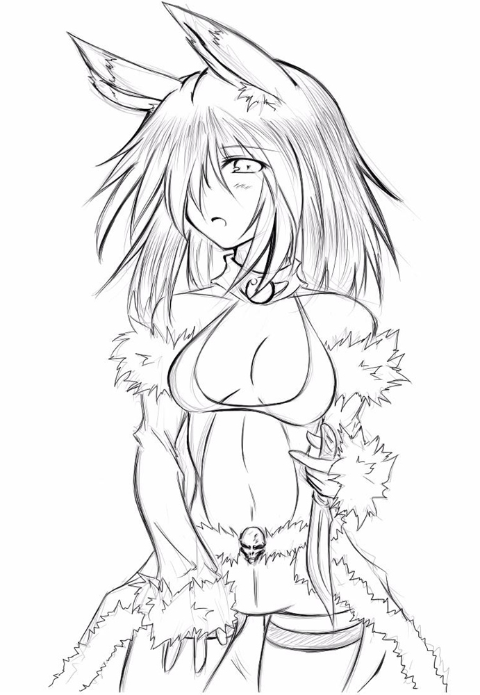 kaminagi (kaminagi-tei), stalker, stalker (ragnarok online), ragnarok online, 1girl, animal ears, breasts, choker, cleavage, detached sleeves, facing viewer, female focus, fox ears, fur-trimmed sleeves, fur-trimmed waist cape, fur trim, greyscale, hair over one eye, knife, large breasts, monochrome, short shorts, shorts, solo, thigh strap, thighhighs, waist cape