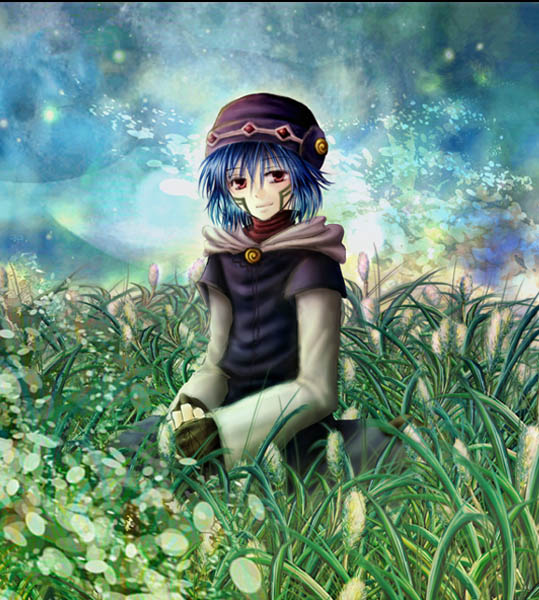 for all z, elk (.hack//), .hack//, .hack//games, bandai, cyber connect 2, bad id, bad pixiv id, 1boy, blue hair, facial mark, field, fingerless gloves, gloves, grass, hat, male focus, outdoors, red eyes, sitting, sky, smile, solo, turtleneck