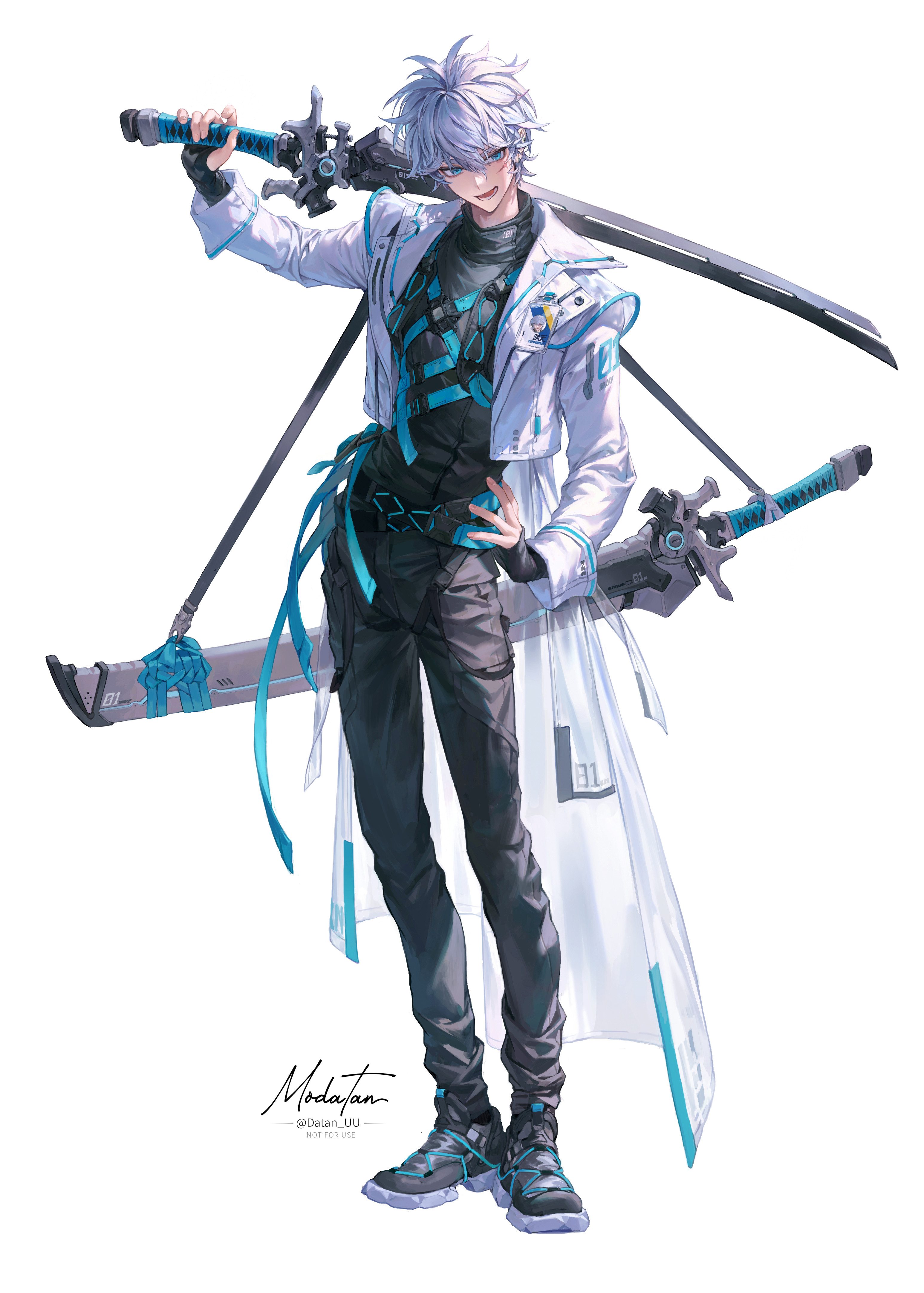 datan uu, original, absurdres, commentary, english commentary, highres, 1boy, :d, artist name, belt, black pants, black shirt, black shoes, blue belt, blue eyes, full body, hair between eyes, hand on own hip, holding, holding sword, holding weapon, id card, jacket, katana, long bangs, long sleeves, lower teeth only, male focus, messy hair, multiple swords, open clothes, open jacket, open mouth, over shoulder, pants, scabbard, sheath, sheathed, shirt, shoes, short hair, simple background, smile, sneakers, solo, strap, sword, sword on back, teeth, very short hair, weapon, weapon on back, weapon over shoulder, weapon strap, white background, white hair, white jacket