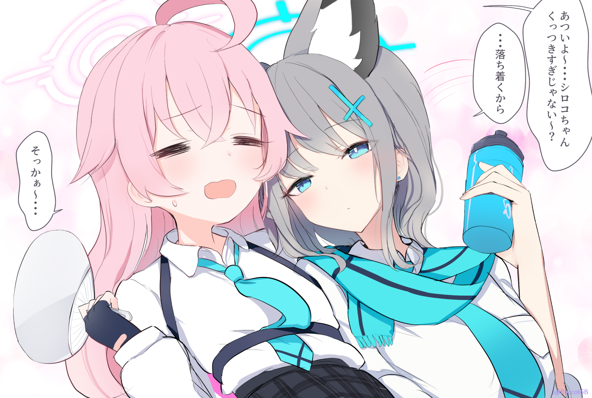 sakurano rocco, hoshino (blue archive), shiroko (blue archive), blue archive, 2girls, animal ears, black skirt, blue halo, blue necktie, blue scarf, bottle, closed eyes, grey hair, halo, japanese text, long hair, multiple girls, necktie, pink hair, pink halo, scarf, shirt, short hair, skirt, upper body, water bottle, white shirt, wolf ears