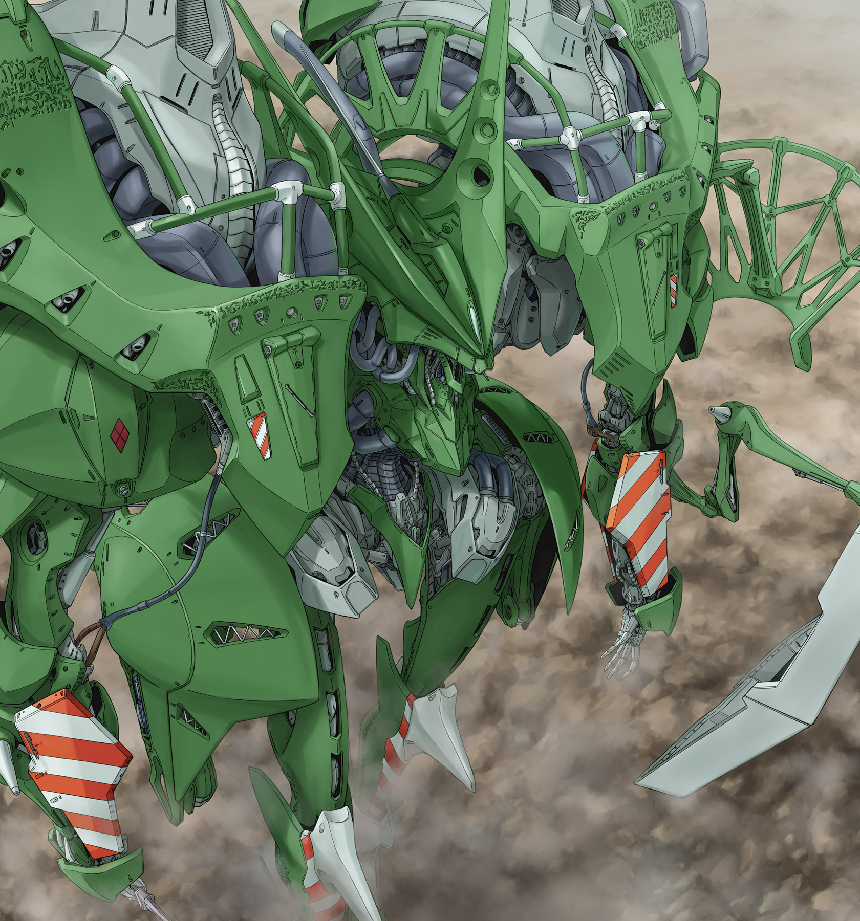 tomo (machinemess), jagd mirage, jagd mirage green left, five star stories, highres, armor, from above, mecha, mortar headd, no humans, outdoors, robot, smoke
