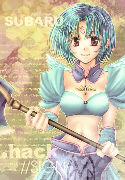 for all z, subaru (.hack//), .hack//, .hack//sign, bandai, cyber connect 2, bad id, bad pixiv id, 00s, 1girl, axe, blue hair, brown eyes, collar, detached collar, detached sleeves, facial mark, honeycomb (pattern), honeycomb background, honeycomb pattern, midriff, short hair, skirt, warrior, weapon, wings, yellow background