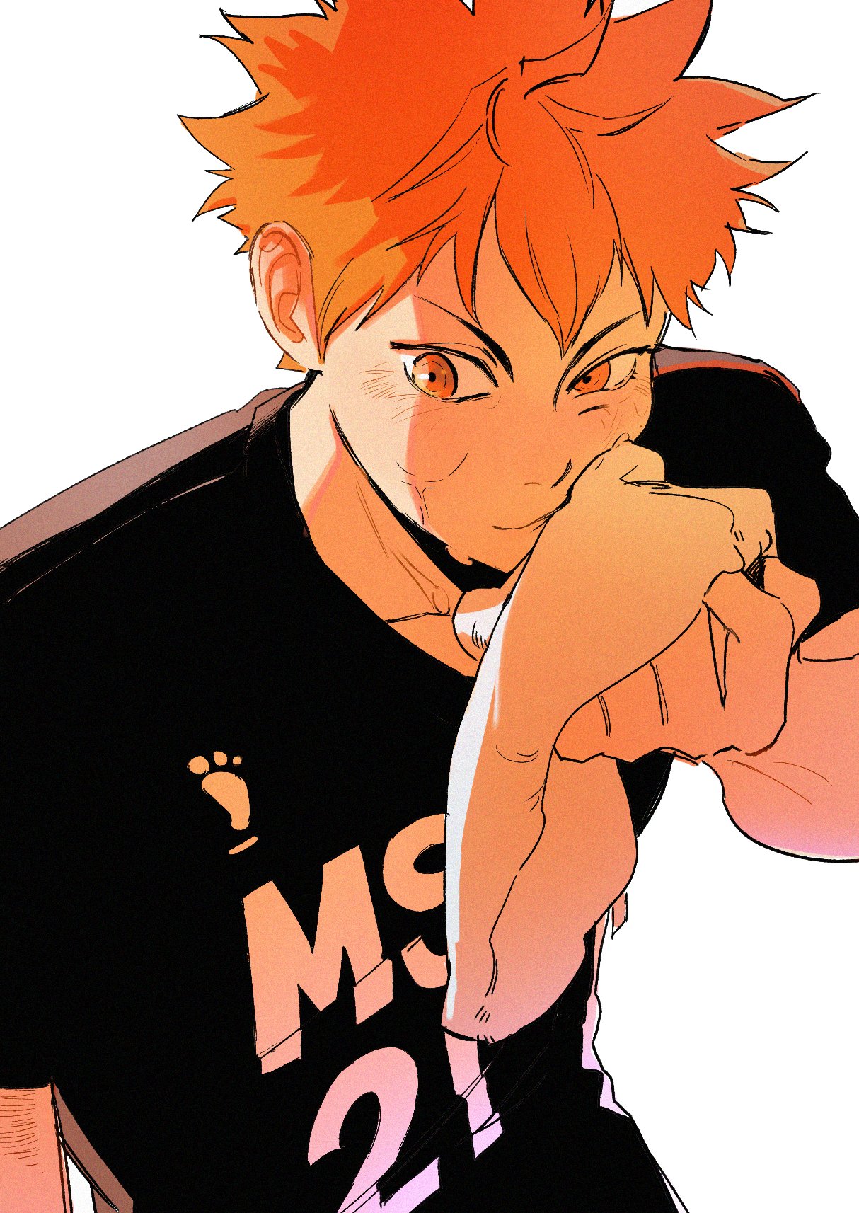 cookiechochop, hinata shouyou, haikyuu!!, highres, 1boy, arm up, closed mouth, crew neck, hair between eyes, holding, holding towel, looking to the side, male focus, orange eyes, orange hair, short hair, short sleeves, sideways glance, solo, sportswear, sweat, towel, uneven eyes, upper body, very sweaty, volleyball uniform, white background, wiping face