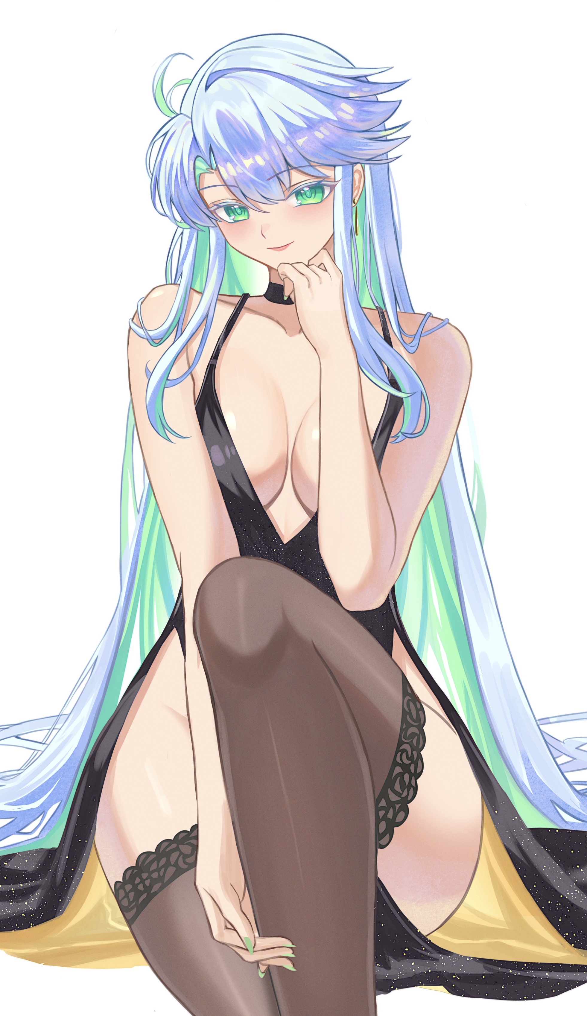kaworu13, kukulkan (fate), fate/grand order, fate (series), absurdres, highres, 1girl, bare shoulders, black dress, blue hair, braid, breasts, brown thighhighs, choker, cleavage, collarbone, colored inner hair, dress, earrings, green eyes, green hair, jewelry, large breasts, long hair, looking at viewer, multicolored hair, pelvic curtain, plunging neckline, side slit, sidelocks, sitting, smile, solo, thighhighs, thighs