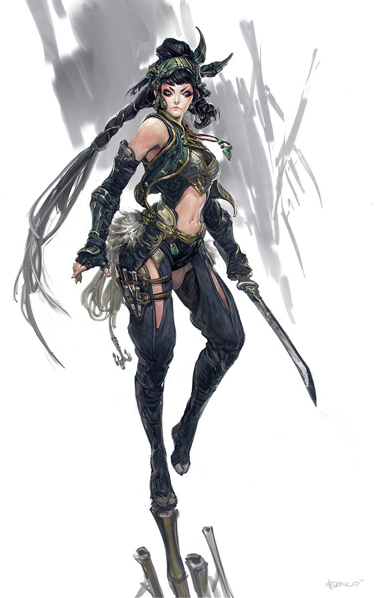 ben lo, original, highres, >:(, 1girl, armor, black eyeshadow, black hair, braid, clothing cutout, detached sleeves, eyeshadow, full body, green eyes, hair flowing over, headband, holding, holding sword, holding weapon, knee up, long hair, looking at viewer, makeup, painterly, pelvic curtain, serious, single braid, solo, standing, standing on one leg, stomach cutout, sword, thigh cutout, v-shaped eyebrows, very long hair, weapon