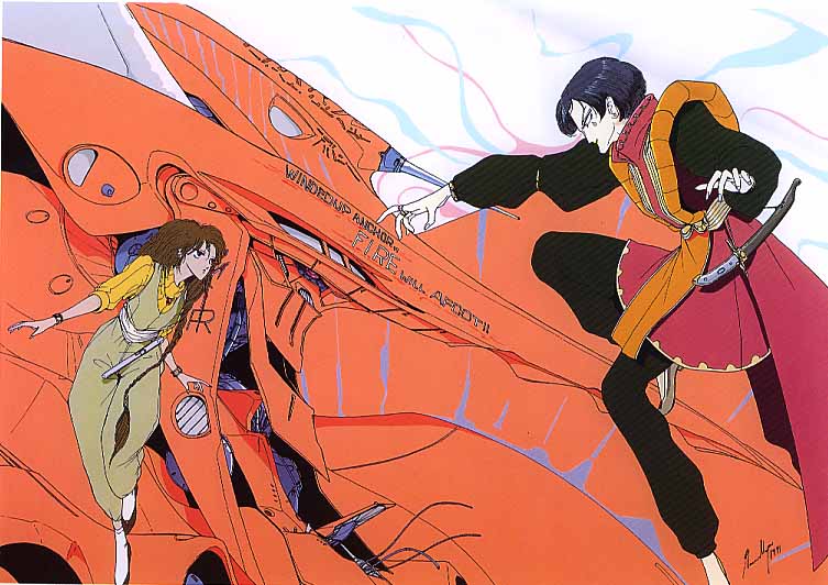 nagano mamoru, jagd mirage, jagd mirage orange right, ladios sopp, spector, five star stories, 1boy, 1girl, armor, belt, black hair, brown hair, cape, from side, long sleeves, machinery, mecha, mortar headd, outstretched arm, pants, profile, robot, standing, sweater vest