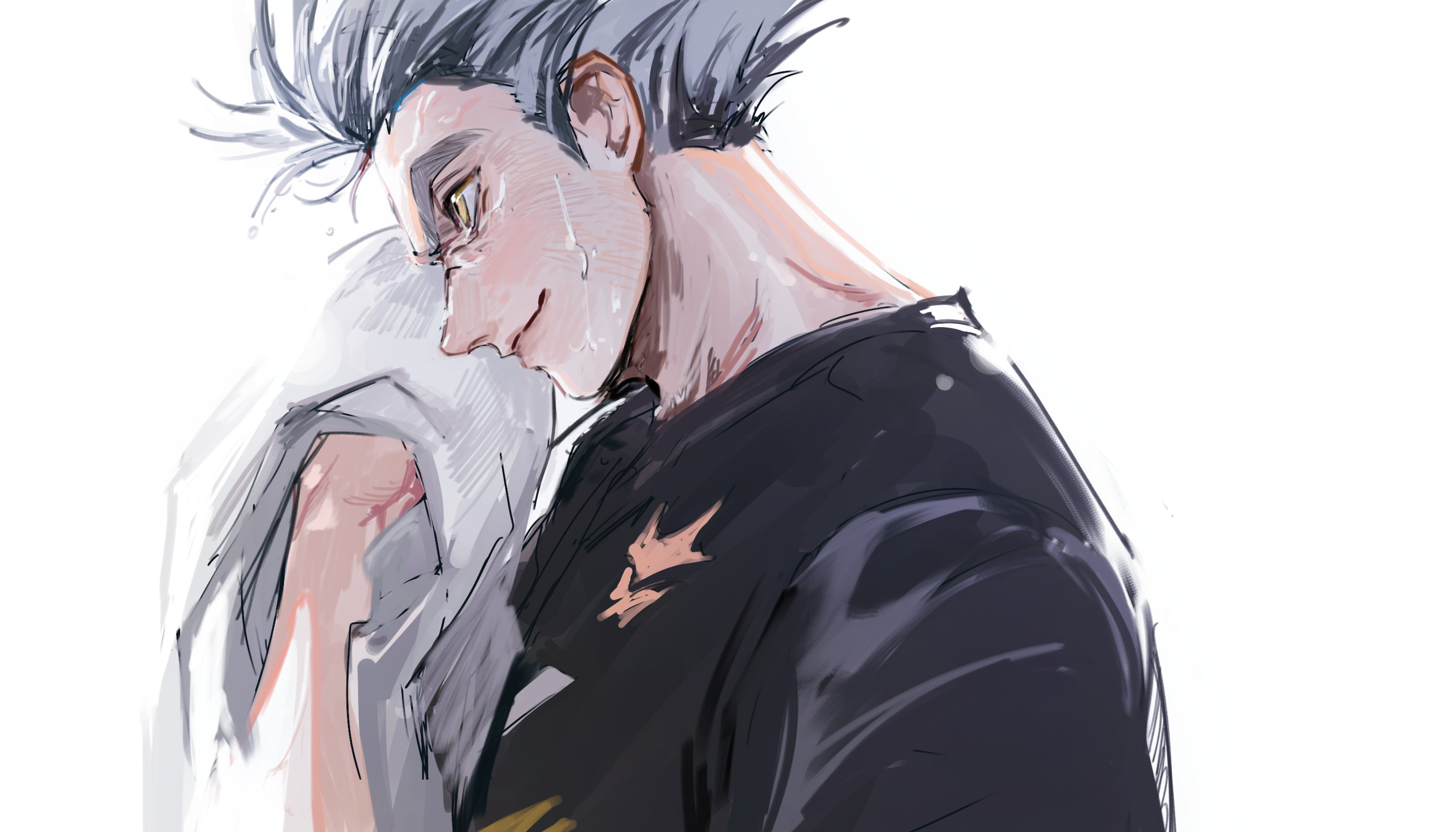 cookiechochop, bokuto koutarou, haikyuu!!, commentary request, highres, korean commentary, 1boy, arm up, black shirt, closed mouth, from side, grey hair, holding, holding towel, male focus, profile, shirt, short hair, sideburns, solo, sportswear, sweat, thick eyebrows, towel, upper body, very sweaty, volleyball uniform, wiping face, yellow eyes