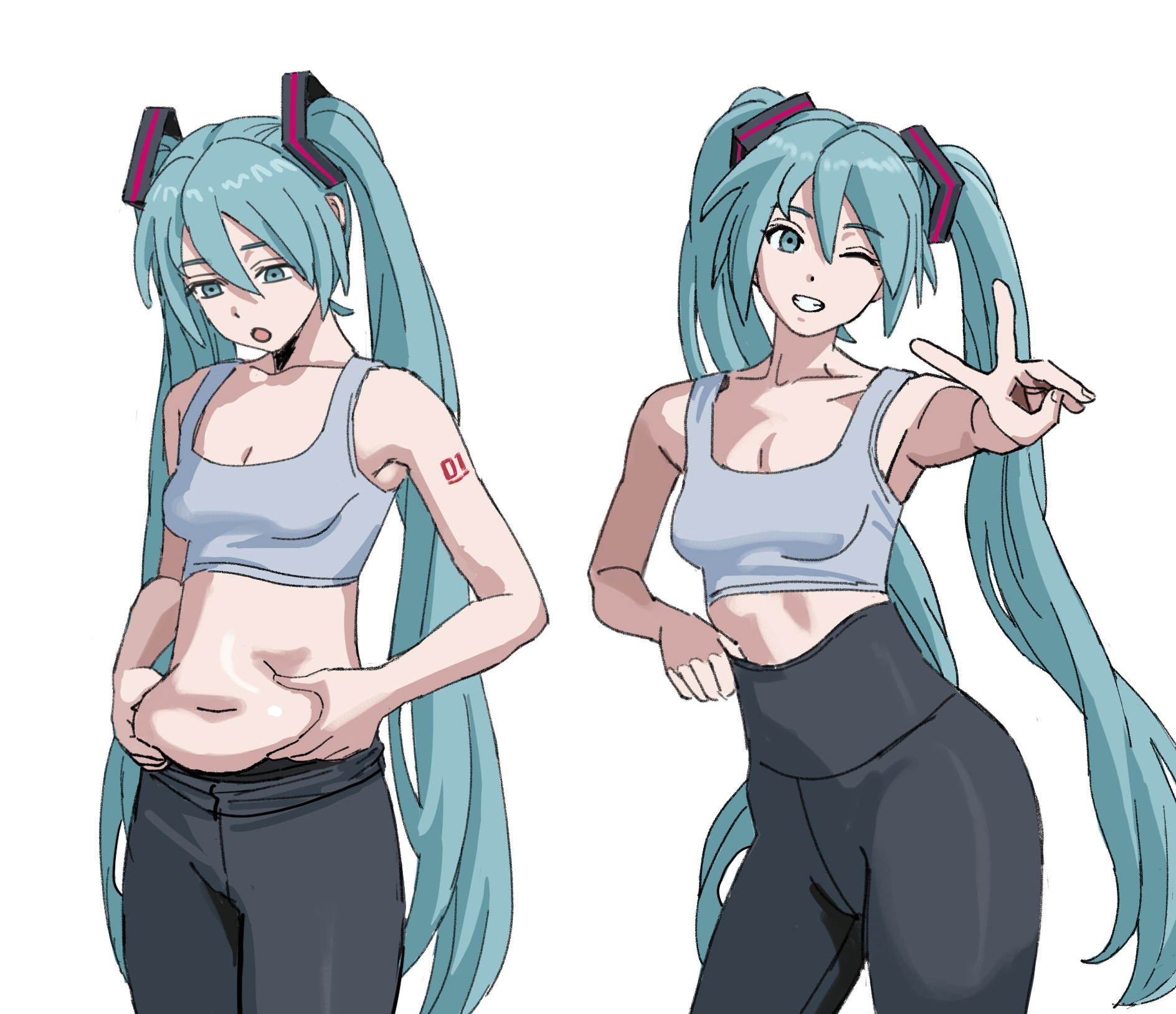 shiren (ourboy83), hatsune miku, vocaloid, highres, 1girl, aqua eyes, aqua hair, bare arms, bare shoulders, belly, black pants, breasts, cleavage, grin, hair between eyes, holding own stomach, long hair, looking at viewer, number tattoo, one eye closed, pants, shoulder tattoo, sidelocks, smile, sports bra, tattoo, twintails, v, white sports bra, yoga pants
