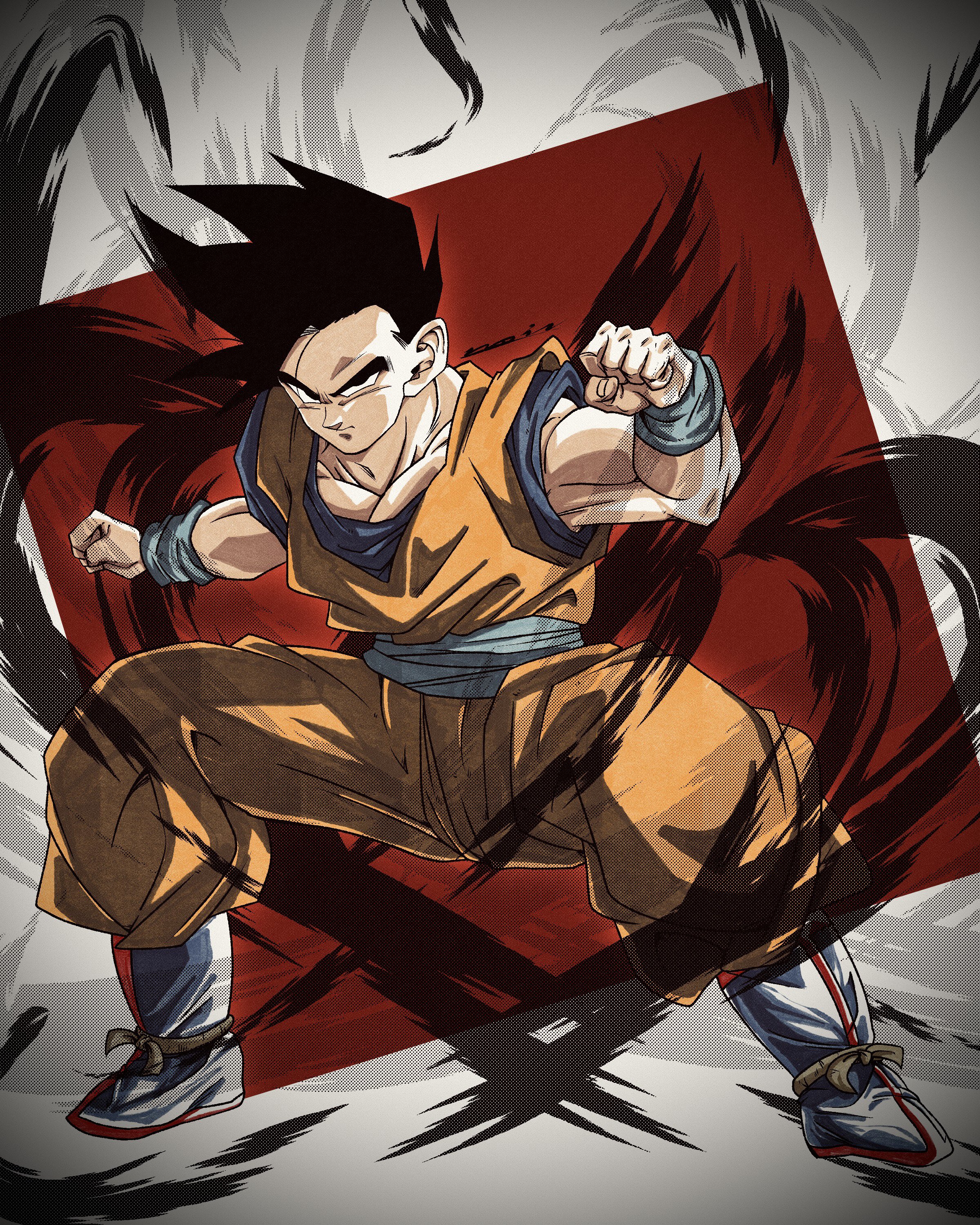 noir illust, son gohan, dragon ball, dragonball z, absurdres, highres, 1boy, aura, black hair, blue boots, blue sash, blue shirt, blue wrist cuffs, boots, clenched hands, dougi, full body, male focus, muscular, muscular male, orange pants, orange shirt, pants, potential unleashed, sash, shirt, short hair, solo, spiked hair, wrist cuffs