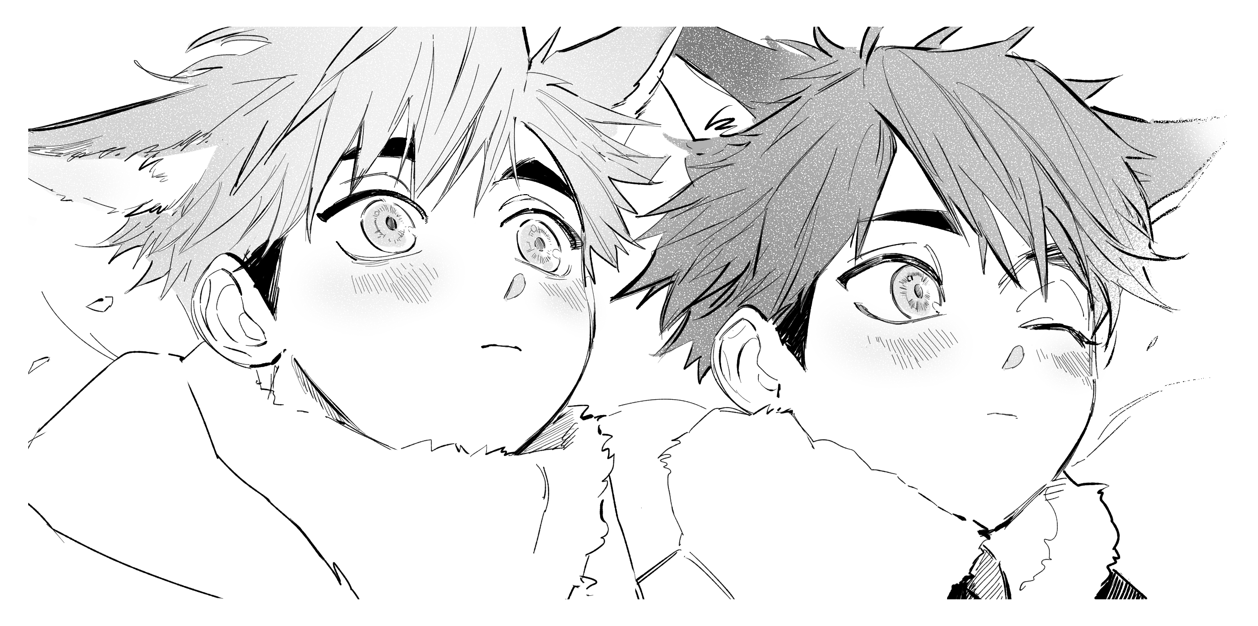 cookiechochop, miya atsumu, miya osamu, haikyuu!!, commentary request, highres, korean commentary, 2boys, aged down, animal ears, blush, brothers, closed mouth, fox boy, fox ears, frown, greyscale, kemonomimi mode, looking to the side, looking up, male focus, monochrome, multiple boys, one eye closed, parted bangs, siblings, side-by-side, thick eyebrows, twins, upper body, white background, wind, winter clothes