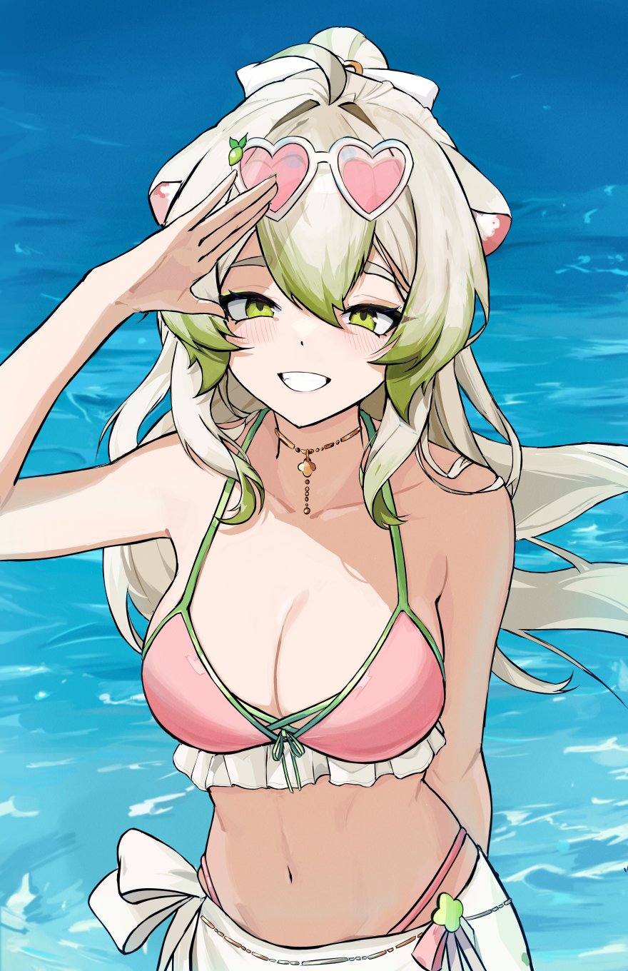 ttsyrene, laimu (vtuber), vinesauce, highres, 1girl, animal ears, bikini, choker, ferret ears, ferret girl, green eyes, green trim, grey hair, long hair, looking at viewer, multicolored bikini, multicolored hair, navel, pink bikini, ponytail, sarong, smile, swimsuit, two-tone bikini, virtual youtuber, white hair