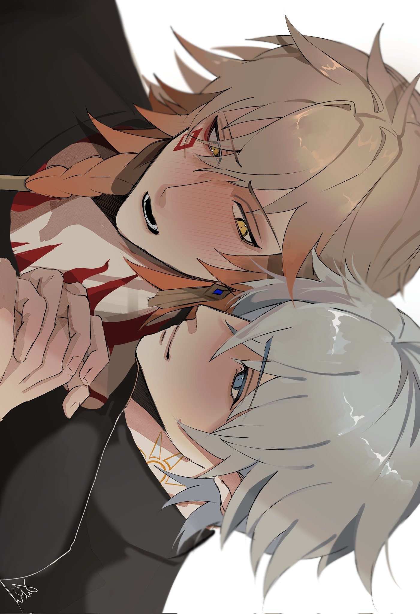 mydei (honkai: star rail), phainon (honkai: star rail), honkai: star rail, honkai (series), commentary, highres, 2boys, arm up, black shirt, blonde hair, blue eyes, blush, braid, closed mouth, crew neck, danheki syu, eye contact, facial tattoo, grey hair, holding hands, interlocked fingers, looking at another, looking to the side, lower teeth only, male focus, multiple boys, neck tattoo, open mouth, parted hair, red tattoo, shirt, side braid, sideways, simple background, smile, sun symbol, sun tattoo, tan, tattoo, teeth, white background, yaoi, yellow eyes