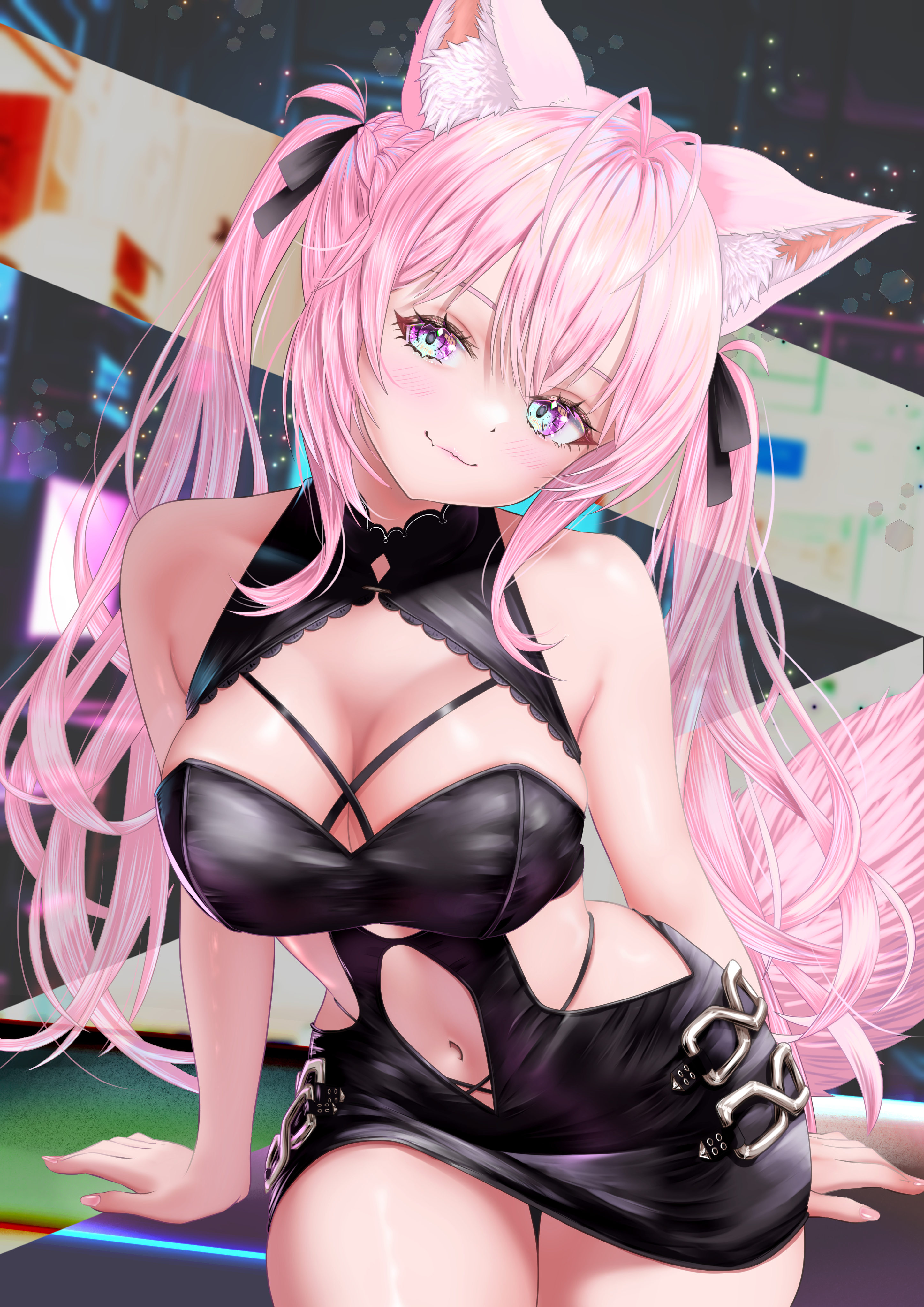nanaki24, hakui koyori, hololive, absurdres, highres, 1girl, animal ear fluff, animal ears, bare shoulders, black dress, breasts, cleavage, closed mouth, cowboy shot, dress, eyelashes, large breasts, pink eyes, pink hair, pink tail, smile, solo, twintails, virtual youtuber, wolf ears, wolf girl
