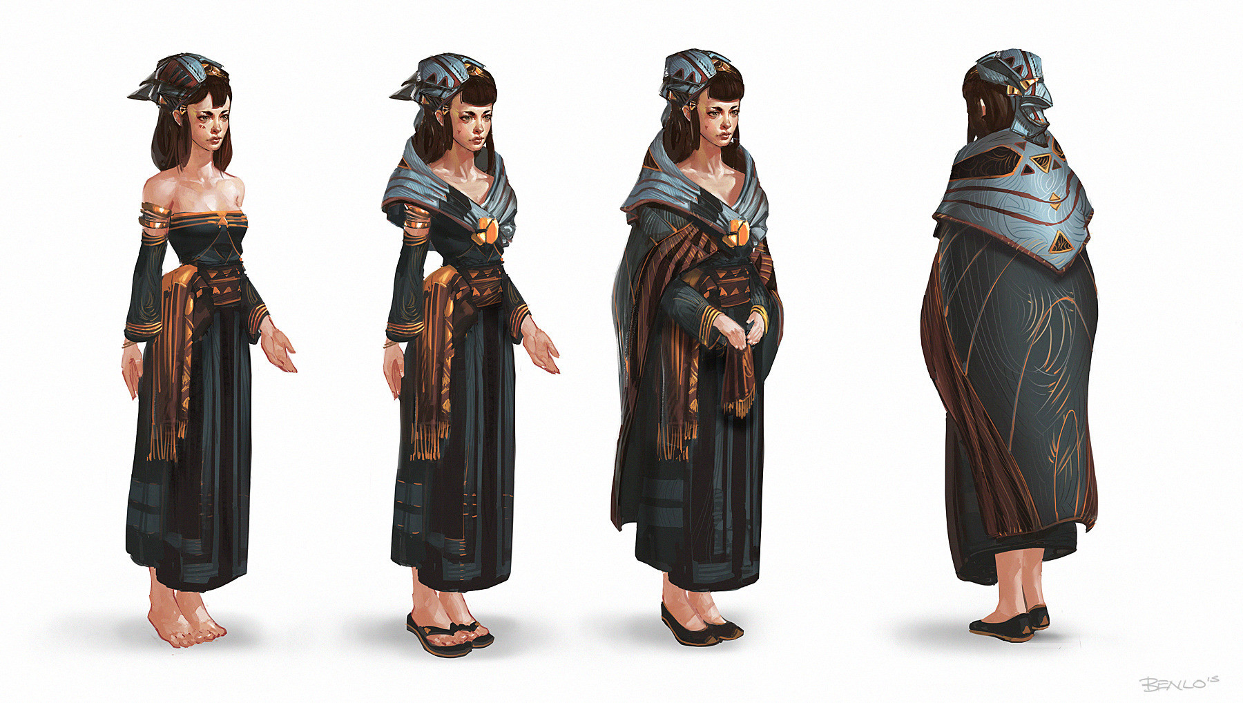 ben lo, original, highres, 1girl, alternate costume, armlet, armor, barefoot, black cape, black dress, blue eyes, blunt bangs, breasts, brooch, brown hair, cape, capelet, cleavage, detached sleeves, dress, facial mark, front and back, full body, gold trim, hair ornament, hairclip, headdress, jewelry, long sidelocks, multiple views, painterly, reference sheet, sandals, serious, sidelocks, simple background, slippers, white background