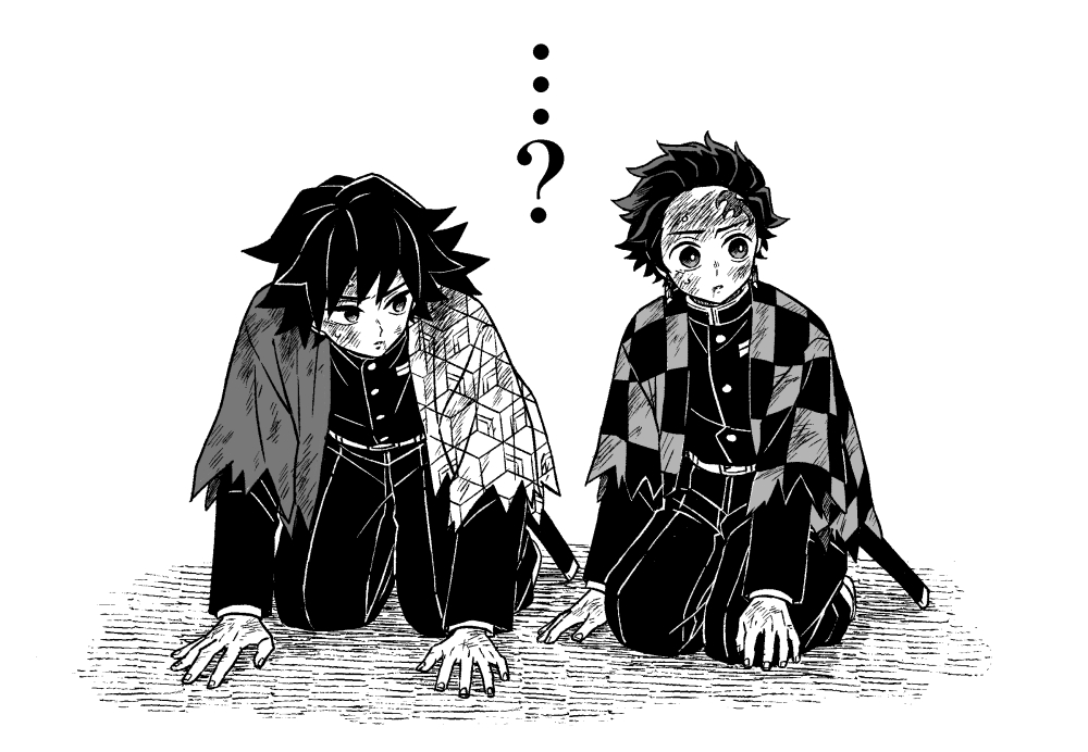 tomioka giyuu, kimetsu no yaiba, …?, 2boys, belt, black hair, black jacket, black pants, blood, bright pupils, buttons, demon slayer uniform, full body, greyscale, haori, jacket, japanese clothes, kikkoumon, looking to the side, low ponytail, male focus, monochrome, multiple boys, pants, parted lips, ponytail, print haori, scabbard, shadow, sheath, simple background, spiked hair, sweat, torn clothes, tumparag, white background, white belt, white pupils