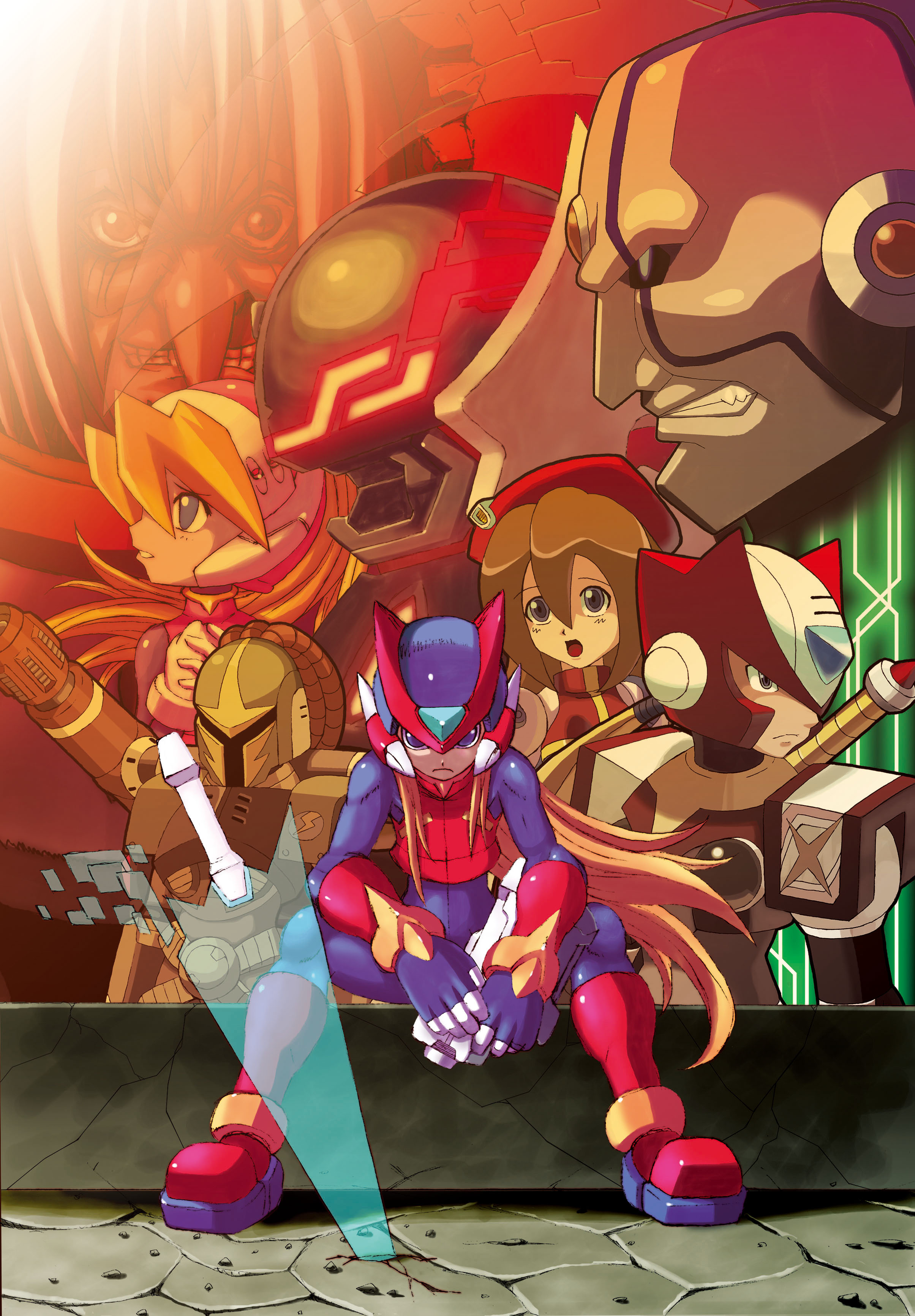hi-go!, ciel (mega man), dr. weil (mega man), iris (mega man), omega (mega man), sigma (mega man), vile (mega man), vile v (mega man), zero(z) (mega man), zero (mega man), mega man (series), mega man x4, mega man x (series), mega man zero (series), mega man zero 3, mega man zero 4, pink top, absurdres, artist request, highres, 2boys, 3girls, android, armor, bald, beret, blonde hair, blue eyes, body armor, brown hair, cannon, chest jewel, clenched hands, clenched teeth, closed mouth, dress, dual persona, energy sword, evil eyes, evil grin, evil smile, facial mark, fang, forehead jewel, from side, full body, gloves, grin, hat, helmet, high ponytail, holding, holding wapon, holding weapon, jewelry, long hair, looking at viewer, looking to the side, multicolored dress, multiple boys, multiple girls, old, old man, open mouth, parted lips, pink helmet, ponytail, poster (medium), red armor, red hat, red helmet, robot, shoulder armor, shoulder cannon, sitting, smile, sword, sword on back, teeth, weapon, weapon on back, white gloves, white hair, z saber