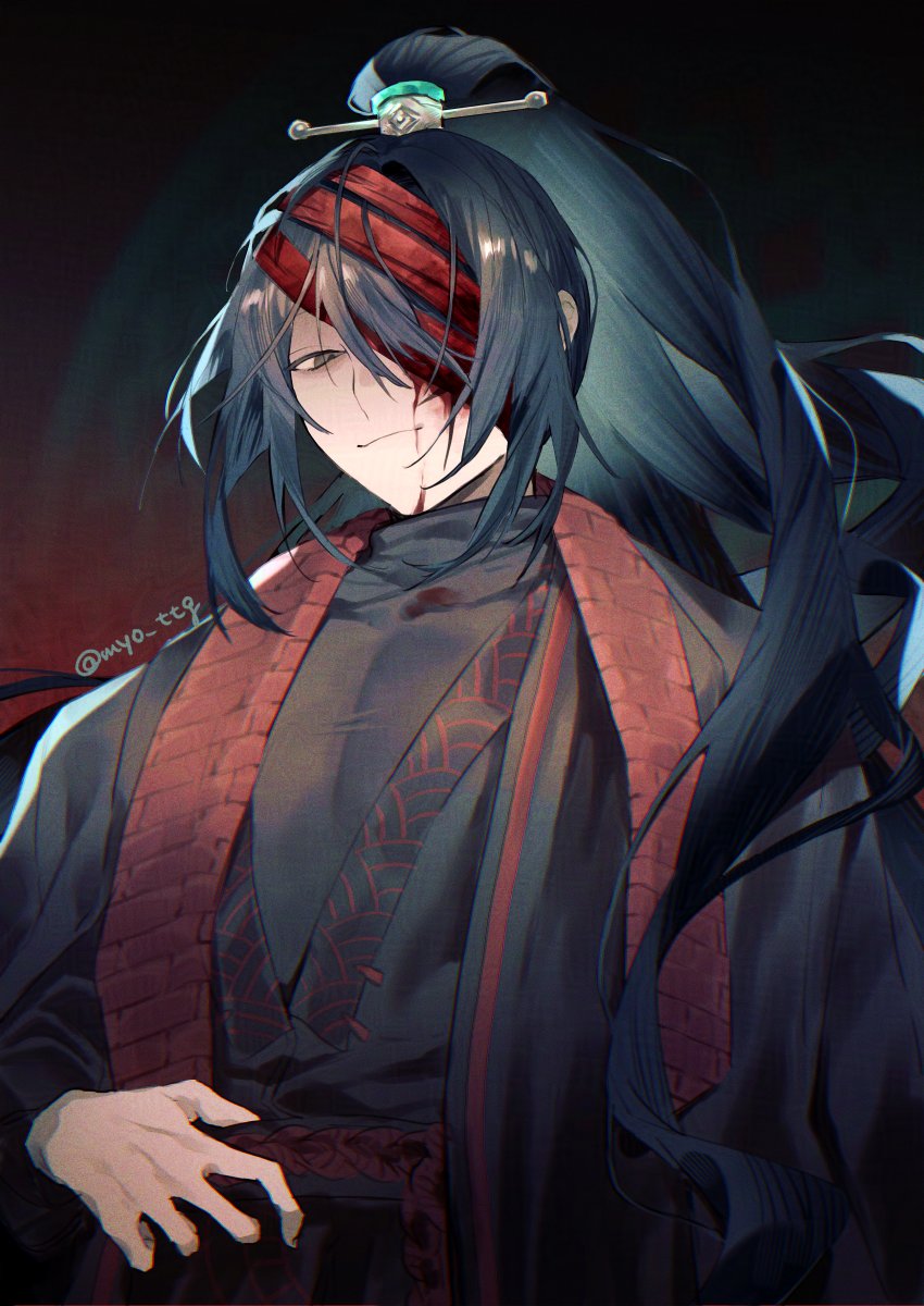 myo (mio), hong lu (project moon), limbus company, project moon, highres, 1boy, bandage over one eye, black background, black eyes, black hair, black hanfu, black sweater, blood, blood on face, chinese clothes, family hierarch candidate (identity) (project moon), hanfu, high ponytail, long hair, looking at viewer, male focus, ponytail, red bandage, rope belt, simple background, solo, stole, sweater, upper body